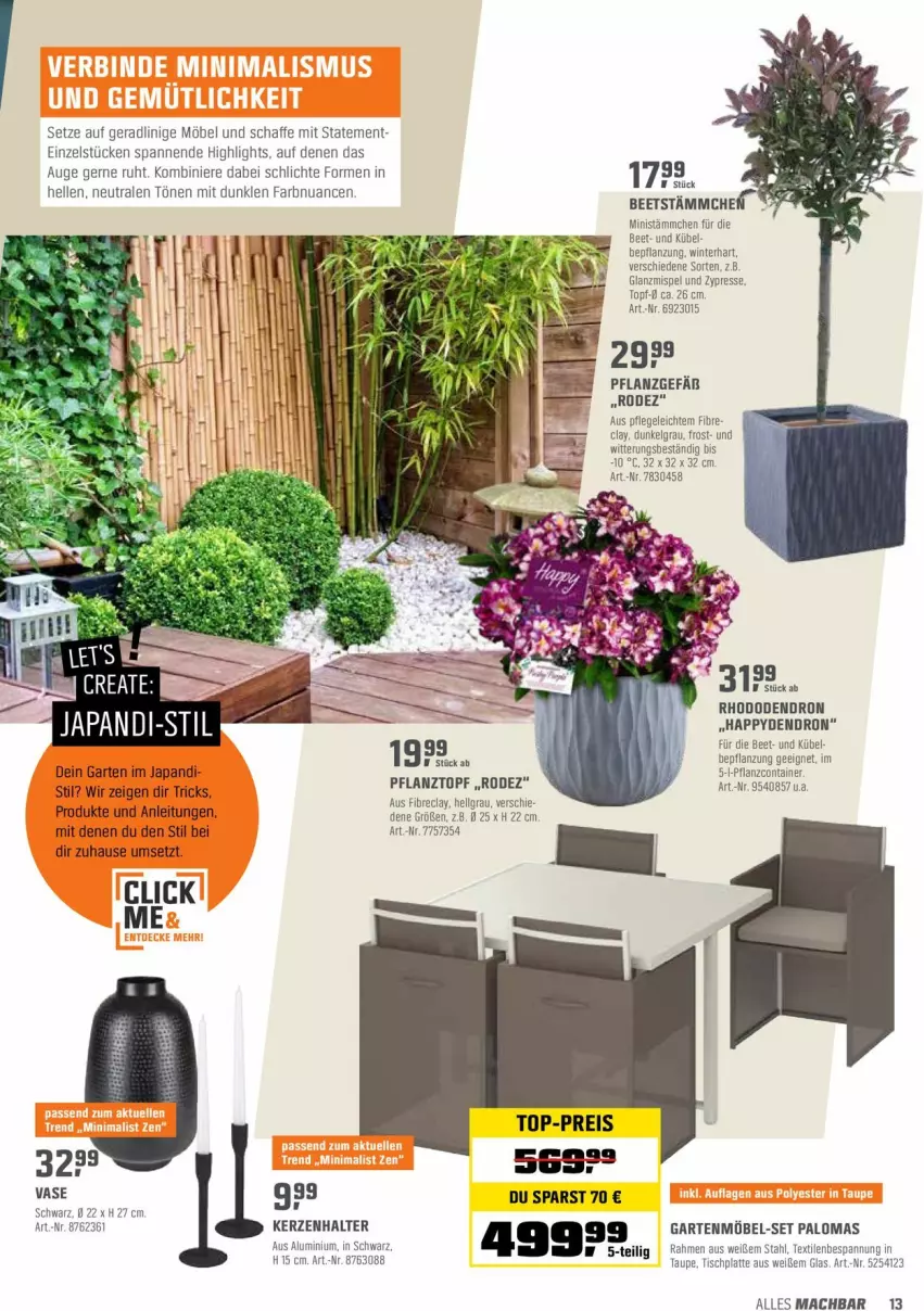 Aktueller Prospekt Obi - Prospekte - von 22.03 bis 10.04.2022 - strona 13 - produkty: Container, eis, elle, Garten, gartenmöbel, HP, kerze, Kerzenhalter, latte, LG, mac, möbel, Nuance, Pflanztopf, reis, Ti, tisch, tischplatte, top-preis, topf, Vase