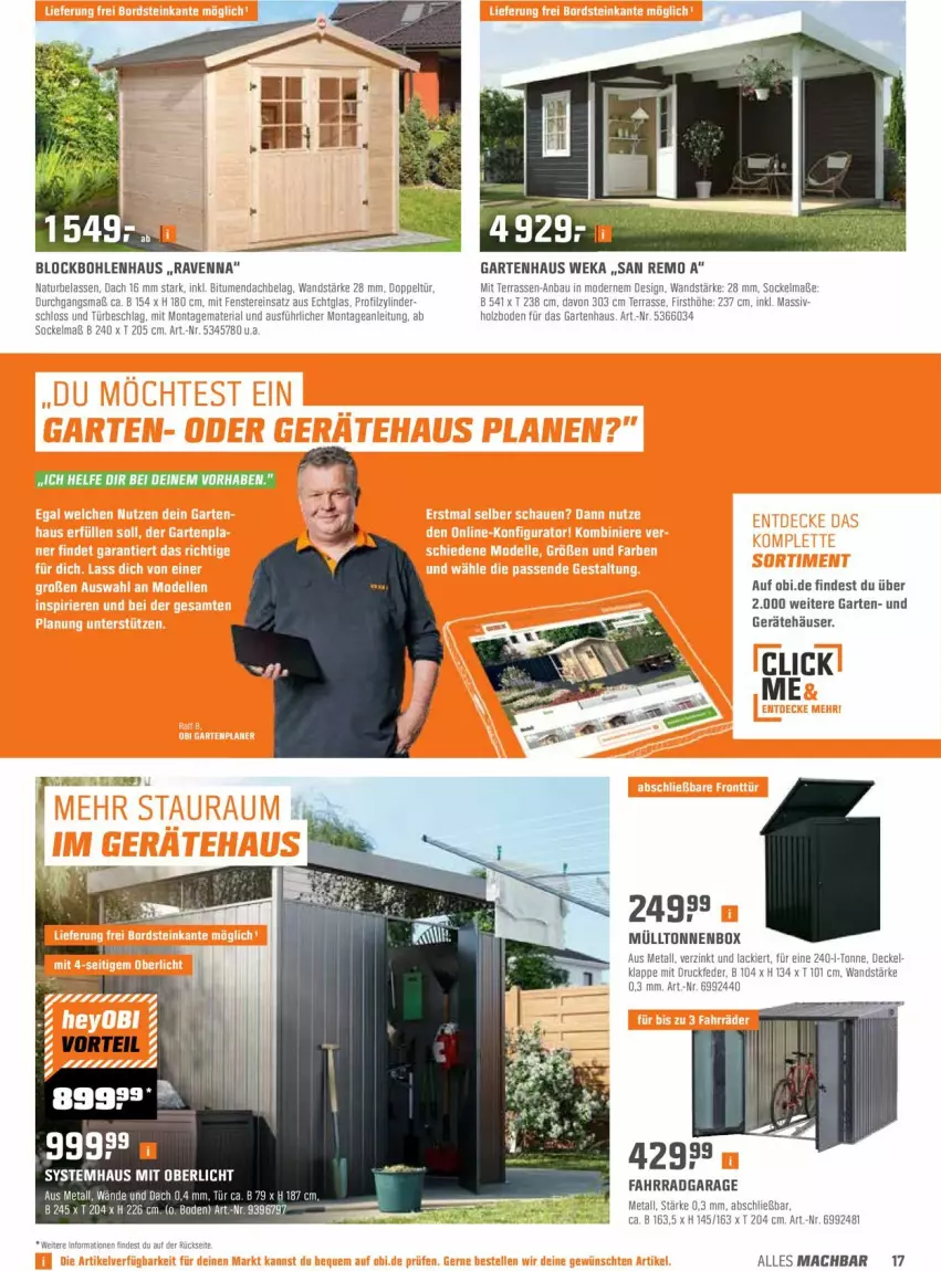 Aktueller Prospekt Obi - Prospekte - von 22.03 bis 10.04.2022 - strona 17 - produkty: Bau, decke, Deckel, Fahrrad, fenster, Garten, Gartenhaus, Holz, lack, mac, Mode, natur, Ria, Ti, weka