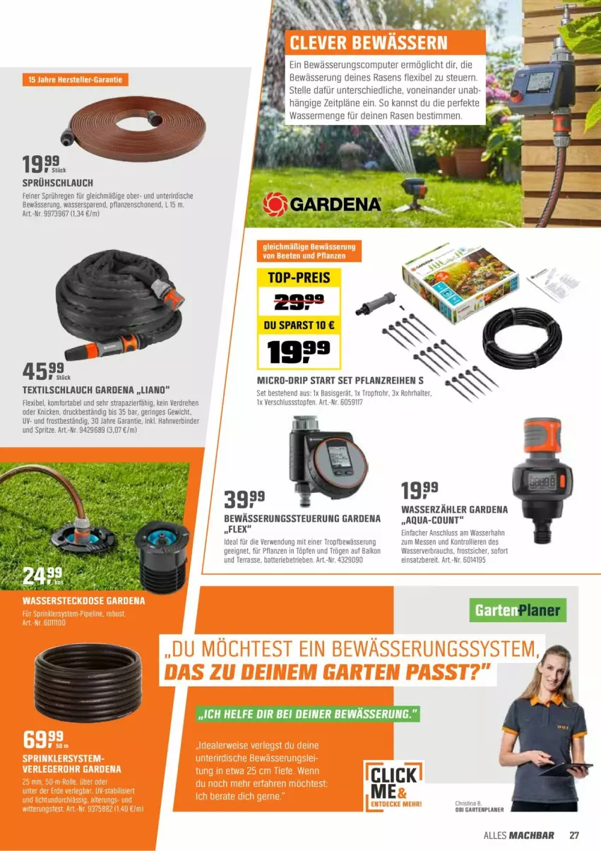 Aktueller Prospekt Obi - Prospekte - von 22.03 bis 10.04.2022 - strona 27 - produkty: aqua, batterie, computer, eis, elle, gardena, Garten, mac, pflanze, pflanzen, pute, rasen, Rauch, reis, ring, rwe, schlauch, Ti, top-preis, topf, Topfen, trolli, wasser