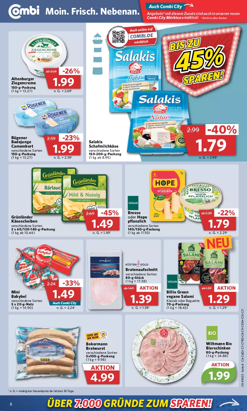 Aktueller Prospekt Combi - Prospekte - von 05.06 bis 10.06.2023 - strona 12 - produkty: altenburger, angebot, angebote, aufschnitt, babybel, Bad, baguette, bier, bierschinken, bio, braten, bratenaufschnitt, bratwurst, bresso, burger, camembert, creme, eis, grünländer, Käse, käsescheiben, milch, mini babybel, reis, Rügener, rügener badejunge, salakis, salami, schinken, Ti, wiltmann, wurst, ZTE