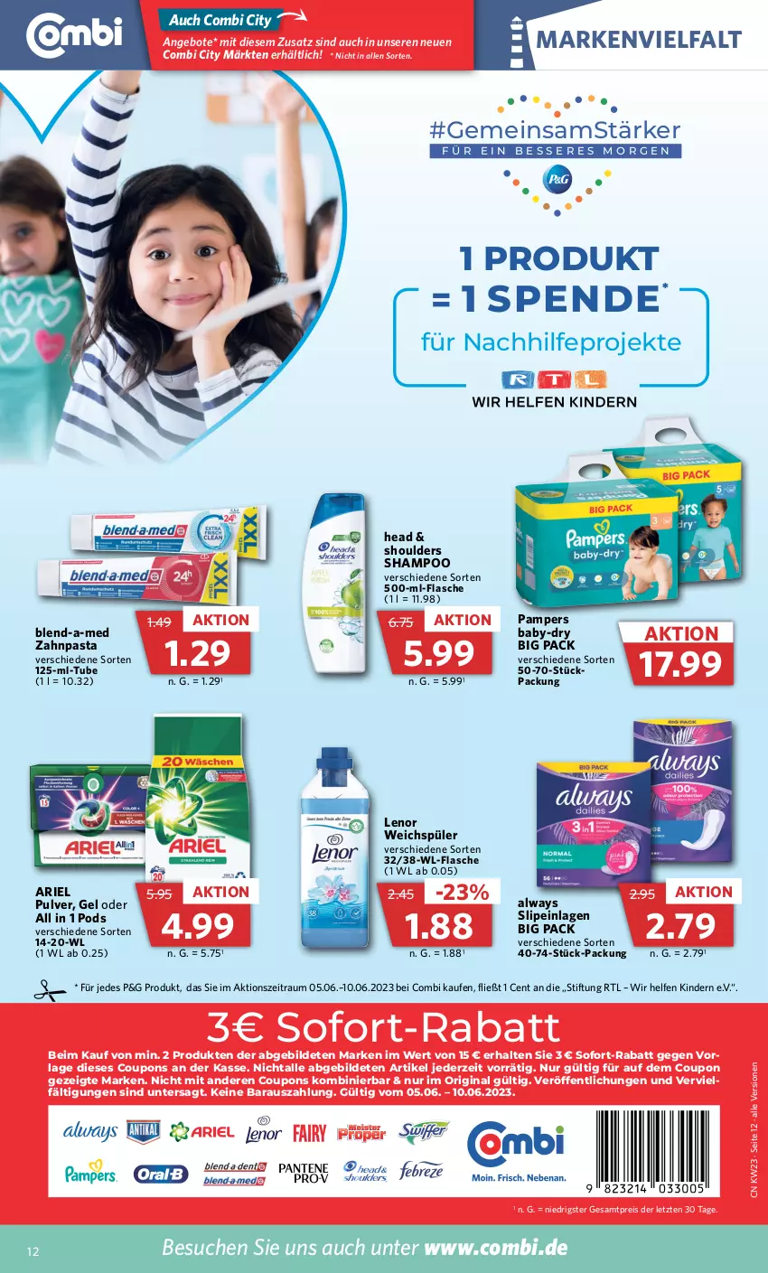 Aktueller Prospekt Combi - Prospekte - von 05.06 bis 10.06.2023 - strona 16 - produkty: Alwa, Always, angebot, angebote, ariel, baby-dry, blend-a-med, coupon, coupons, eis, flasche, gin, Kinder, lenor, lenor weichspüler, pampers, pasta, Pods, reis, shampoo, slip, slipeinlagen, sofort-rabatt, Ti, weichspüler, zahnpasta, ZTE