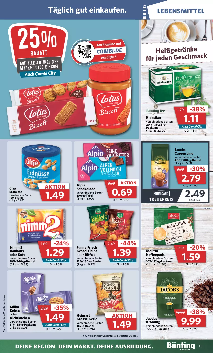 Aktueller Prospekt Combi - Prospekte - von 05.06 bis 10.06.2023 - strona 19 - produkty: alpia, beutel, biscoff, bonbons, Cap, cappuccino, chips, cin, eis, erdnüsse, Funny Frisch, getränk, getränke, jacobs, jacobs krönung, kaffee, kaffeepads, keks, kekse, kuchen, lebensmittel, mac, melitta, milka, Nimm 2, reis, schoko, schokolade, Ti, ültje, ültje erdnüsse, usb, ZTE