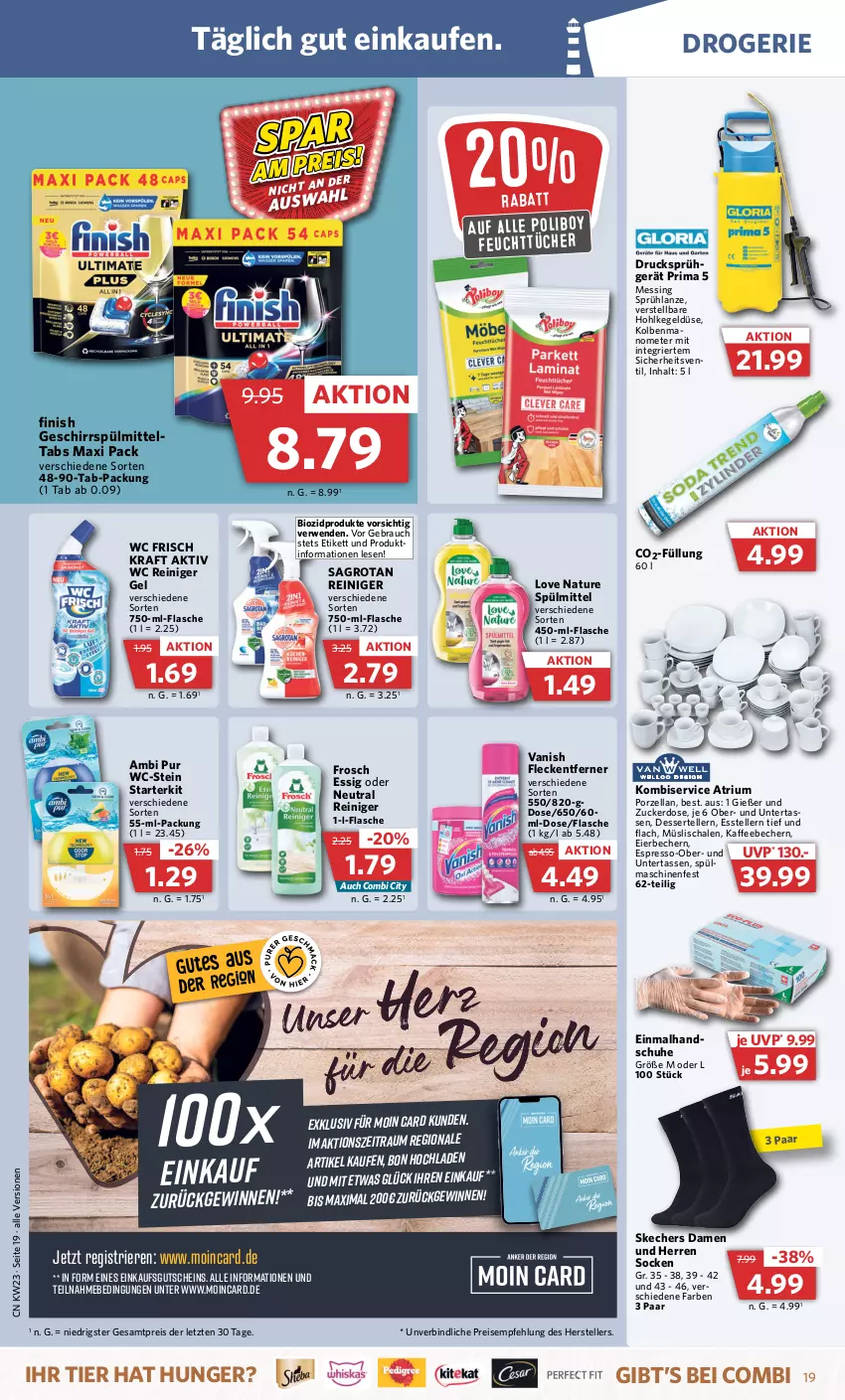 Aktueller Prospekt Combi - Prospekte - von 05.06 bis 10.06.2023 - strona 23 - produkty: Becher, bio, biozidprodukte, dessert, eier, Eierbecher, eis, elle, espresso, essig, Essteller, feuchttücher, Finish, flasche, fleckentferner, Frosch, geschirr, geschirrspülmittel, gutschein, handschuhe, kaffee, kaffeebecher, Kombiservice, kraft, lebensmittel, müsli, Müslischale, natur, Rauch, reiniger, reiniger gel, reis, rwe, sagrotan, Schal, Schale, schuhe, skechers, socken, spülmaschinen, spülmittel, tasse, teller, Ti, tücher, vanish, wc frisch, WC Frisch Kraft Aktiv, ZTE, zucker