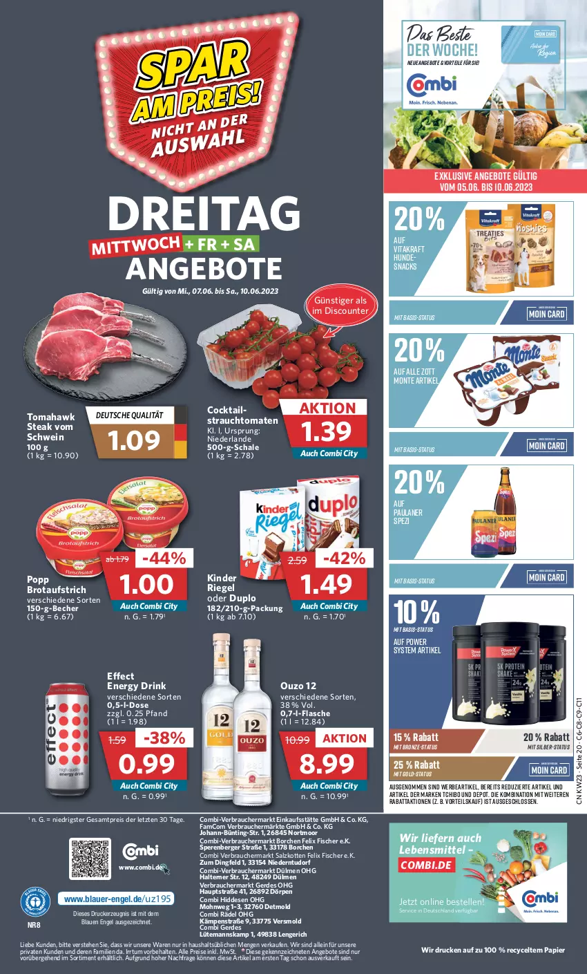 Aktueller Prospekt Combi - Prospekte - von 05.06 bis 10.06.2023 - strona 24 - produkty: angebot, angebote, auer, aufstrich, Becher, Berger, brot, brotaufstrich, cocktail, discount, drink, drucker, duplo, Effect, eis, elle, energy drink, Engel, erde, felix, fisch, fische, Fischer, flasche, kerze, Kinder, kinder riegel, kraft, lebensmittel, monte, ouzo, ouzo 12, papier, Paula, paulaner, Popp, Rauch, reis, riegel, salz, Schal, Schale, schwein, snack, snacks, Spezi, steak, strauchtomaten, Tchibo, Ti, tomate, tomaten, vita, vitakraft, wein, zott, Zott Monte, ZTE