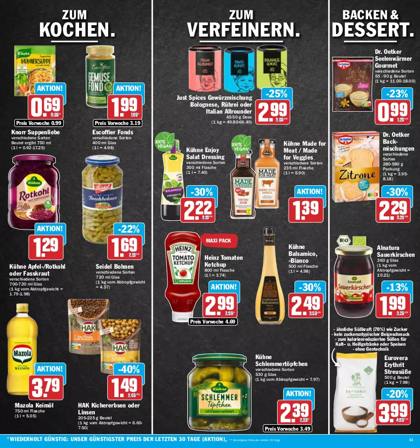 Aktueller Prospekt Aez - Prospekte - von 22.01 bis 27.01.2024 - strona 11 - produkty: apfel, auer, backmischung, Backmischungen, balsam, balsamico, beutel, bohne, bohnen, bolognese, dessert, Dr. Oetker, dressing, eis, ente, erbsen, flasche, getränk, getränke, gewürz, Gewürzmischung, heinz, keimöl, ketchup, kichererbsen, kirsch, kirsche, kirschen, knorr, kraft, Kraut, Kühne, linsen, mac, mazola, natur, natura, reis, rotkohl, salat, sauerkirschen, schlemmertöpfchen, suppe, suppen, suppenliebe, Ti, tomate, tomaten, tomaten ketchup, Töpfchen, veggie, ZTE, zucker