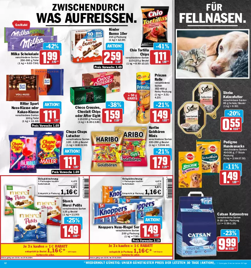 Aktueller Prospekt Aez - Prospekte - von 22.01 bis 27.01.2024 - strona 12 - produkty: after eight, beutel, catsan, chips, choclait chips, choco crossies, chupa, chupa chups, coupon, crossies, eis, goldbären, haribo, hundesnack, hundesnacks, kakao, katzenfutter, Katzenstreu, Kinder, kinder bueno, knoppers, Lutscher, merci, milka, milka schokolade, nuss, pedigree, prinzen rolle, reis, reiss, riegel, ritter, ritter sport, Schal, Schale, schoko, schokolade, sheba, snack, snacks, sofortrabatt, Sport, storck, Ti, Tiere, tortilla, Tortilla Chips, ZTE