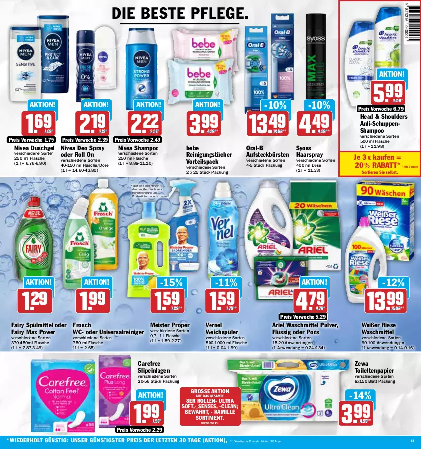 Aktueller Prospekt Aez - Prospekte - von 22.01 bis 27.01.2024 - strona 13 - produkty: ariel, ariel waschmittel, aufsteckbürsten, Bebe, bio, bürste, bürsten, carefree, coupon, deo, deo spray, duschgel, eis, fairy, flasche, Frosch, haarspray, Kamill, kamille, Meister, meister proper, nivea, oral-b, papier, Pods, Rauch, reiniger, Reinigung, reinigungstücher, reis, rwe, shampoo, slip, slipeinlagen, spülmittel, syoss, Ti, Tiere, toilettenpapier, tücher, vernel, waschmittel, weichspüler, Yo, zewa, ZTE