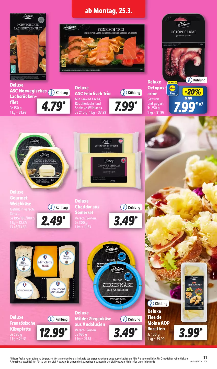 Aktueller Prospekt Lidl - Aktionsprospekt - von 25.03 bis 30.03.2024 - strona 13 - produkty: angebot, cheddar, coupon, eis, filet, fisch, gewürz, Graved Lachs, Käse, lachs, latte, Räucherlachs, reis, rwe, Tête de Moine, Ti, weichkäse, Wild, wildlachs, ziegenkäse, ZTE