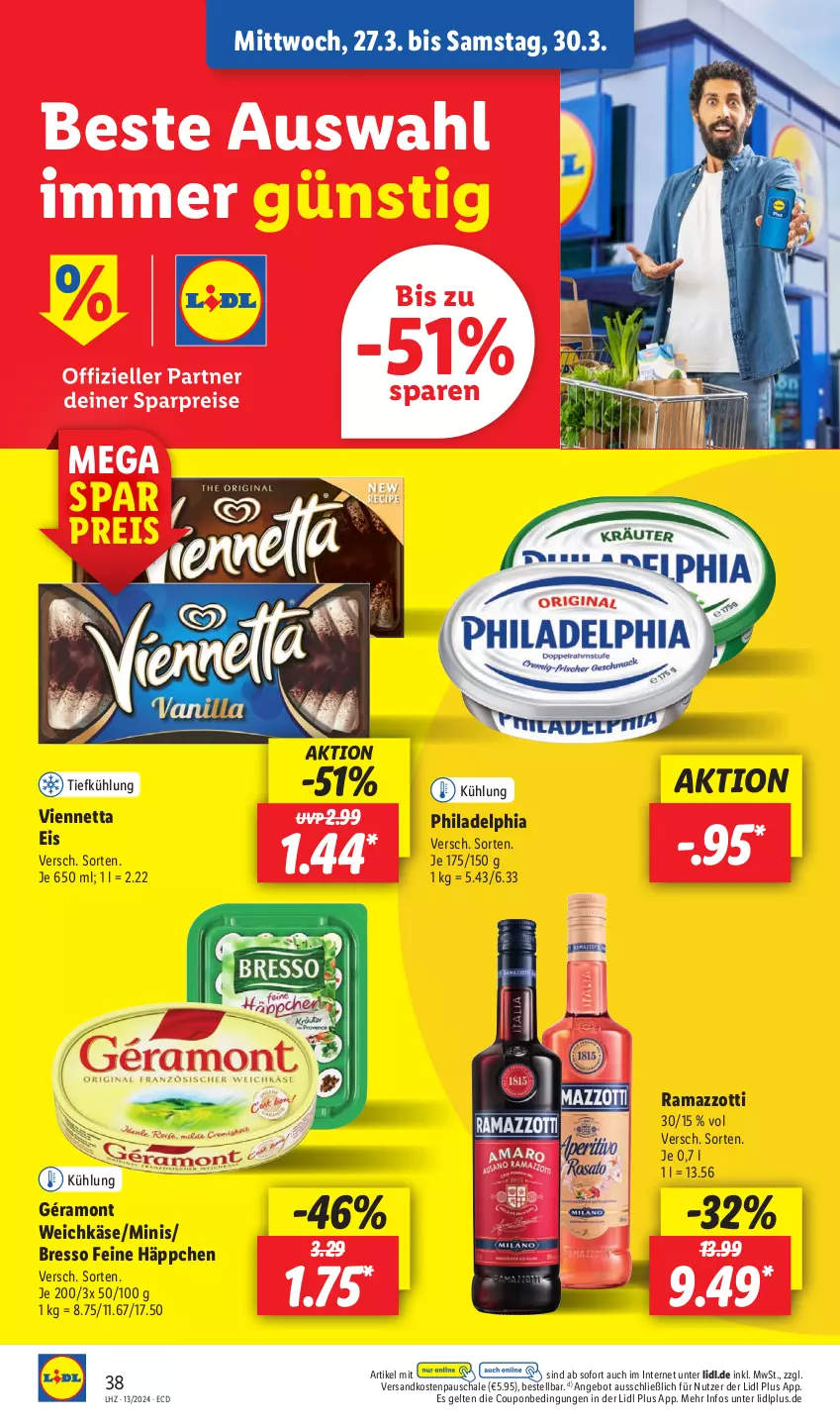 Aktueller Prospekt Lidl - Aktionsprospekt - von 25.03 bis 30.03.2024 - strona 50 - produkty: angebot, bresso, coupon, eis, géramont, Käse, ndk, rama, ramazzott, ramazzotti, reis, Schal, Schale, Ti, viennetta, weichkäse, zott