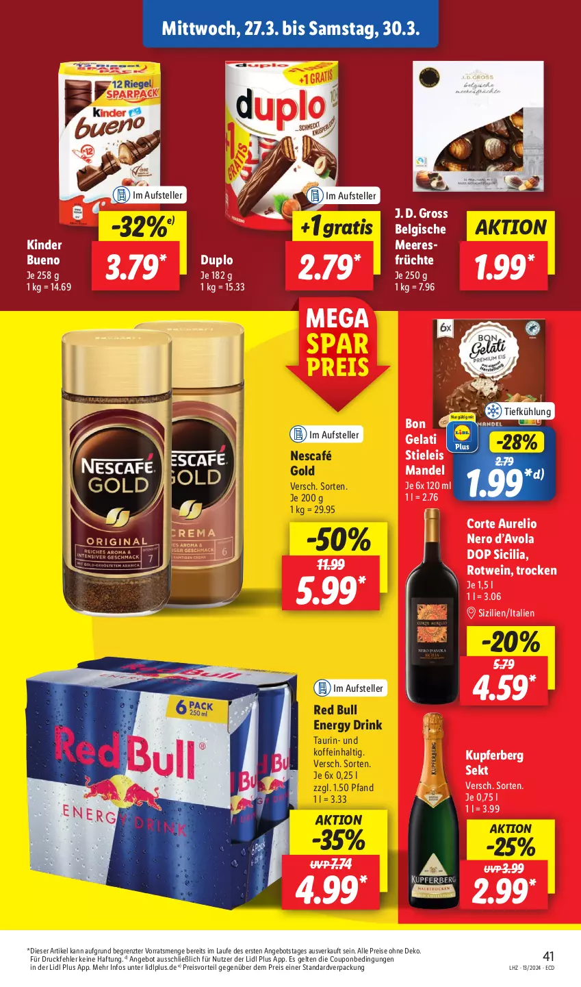 Aktueller Prospekt Lidl - Aktionsprospekt - von 25.03 bis 30.03.2024 - strona 53 - produkty: angebot, Bon Gelati, coupon, drink, duplo, eis, elle, energy drink, früchte, Kinder, kinder bueno, LG, mandel, meeresfrüchte, nero, Nescafé, nescafé gold, preisvorteil, red bull, reis, rel, rotwein, sekt, stieleis, teller, Ti, wein, ZTE