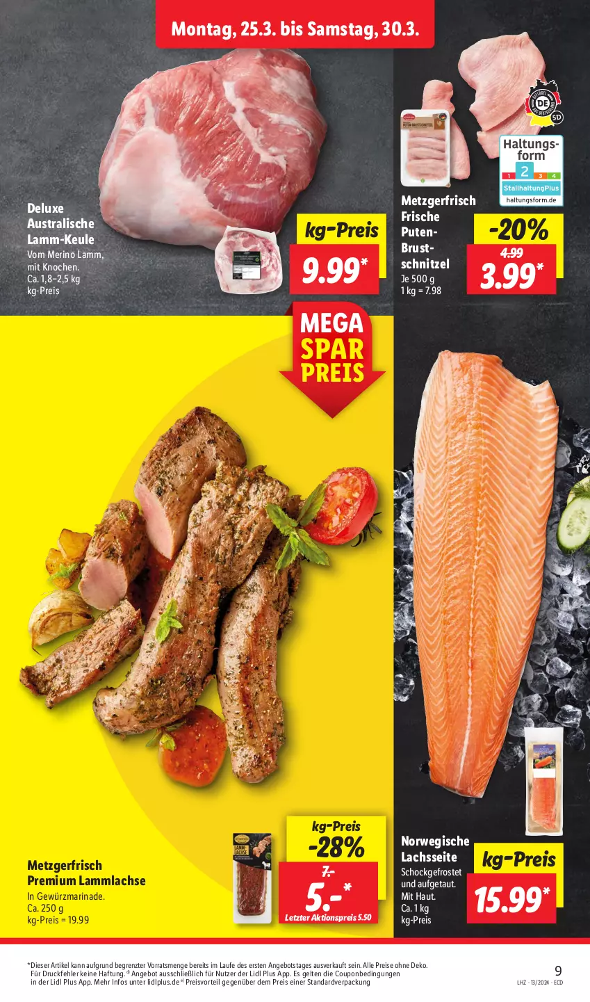 Aktueller Prospekt Lidl - Aktionsprospekt - von 25.03 bis 30.03.2024 - strona 9 - produkty: aktionspreis, angebot, aust, coupon, eis, gewürz, lachs, lamm, lammlachse, marinade, preisvorteil, pute, putenbrust, reis, rwe, schnitzel, Ti, ZTE