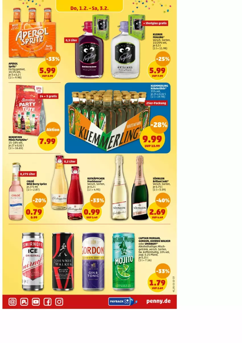 Aktueller Prospekt Penny - Prospekte - von 30.01 bis 03.02.2024 - strona 41 - produkty: alkohol, berentzen, Cap, captain morgan, ecco, frucht, fruchtsecco, getränk, gordon, johnnie walker, kräuter, kräuterlikör, likör, rotkäppchen, smirnoff, söhnlein, Ti, Tüte