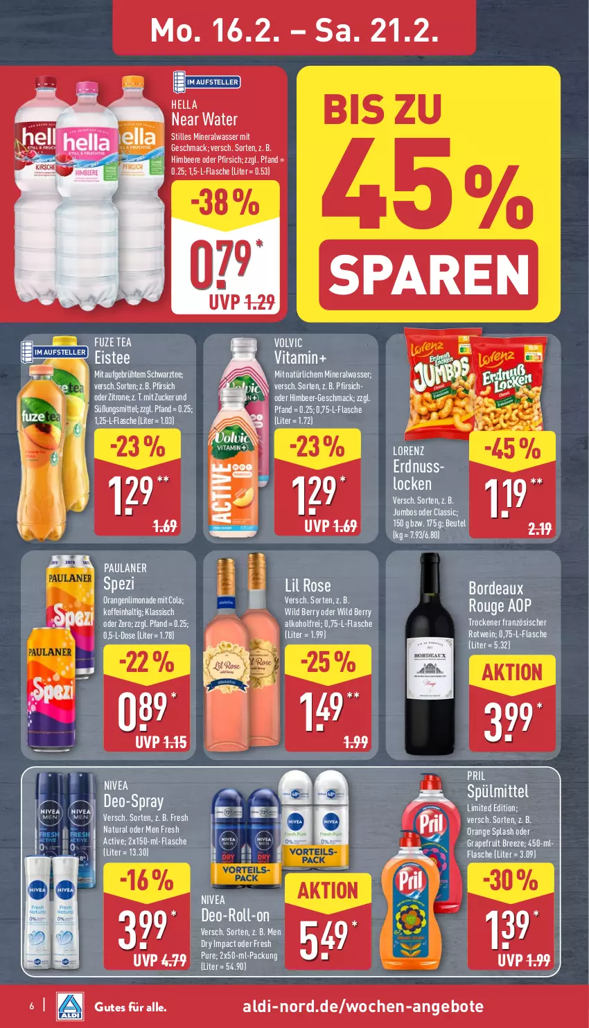 Aktueller Prospekt Aldi Nord - Von Montag - von 16.02 bis 21.02.2026 - strona 11 - produkty: aldi, alkohol, Alwa, angebot, angebote, beere, beutel, bree, cola, deo, eis, eistee, elle, erdnuss, flasche, fuze tea, grapefruit, hella, himbeer, himbeere, jumbo, limo, limonade, lorenz, mac, mineralwasser, natur, natura, nivea, nuss, orange, orangen, Paula, paulaner, pfirsich, pril, roll-on, rotwein, rouge, Spezi, spülmittel, tee, teller, Ti, vita, volvic, wasser, wein, Wild, wild berry, zitrone, ZTE, zucker