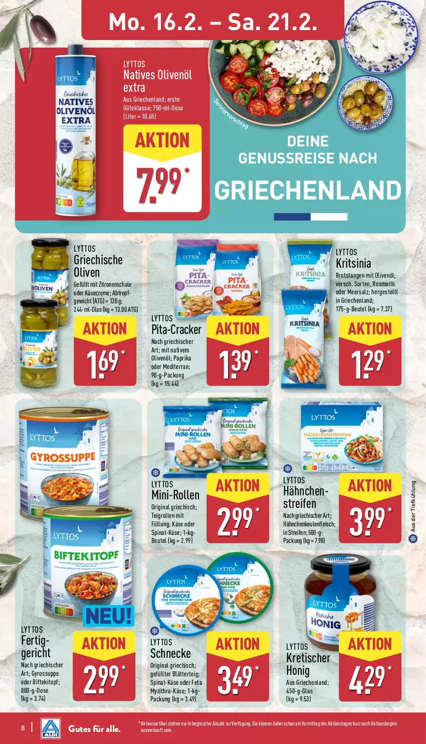 Aktueller Prospekt Aldi Nord - Von Montag - von 16.02 bis 21.02.2026 - strona 13 - produkty: aus der tiefkühlung, beutel, Bifteki, blätterteig, brot, cracker, creme, eis, feta, fleisch, gin, gyros, honig, Käse, meersalz, natives olivenöl, nuss, olive, oliven, olivenöl, olivenöl extra, paprika, reifen, reis, rosmarin, salz, Schal, Schale, spinat, suppe, Teigrolle, Ti, tisch, topf, zitrone, zitronen, ZTE