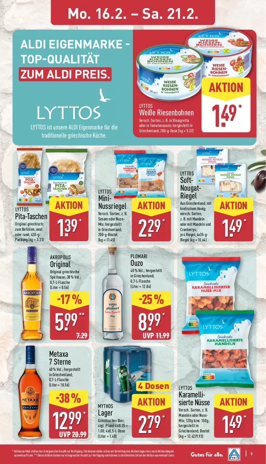 Aktueller Prospekt Aldi Nord - Von Montag - von 16.02 bis 21.02.2026 - strona 14 - produkty: aldi, beutel, bier, bohne, bohnen, cranberry, eis, elle, flasche, gin, honig, küche, mandel, mandeln, Metaxa, Mythos, nuss, Nussmix, nussriegel, ouzo, reis, riegel, sauce, sesam, Tasche, taschen, Ti, tisch, tomate, tomaten, tomatensauce, ZTE