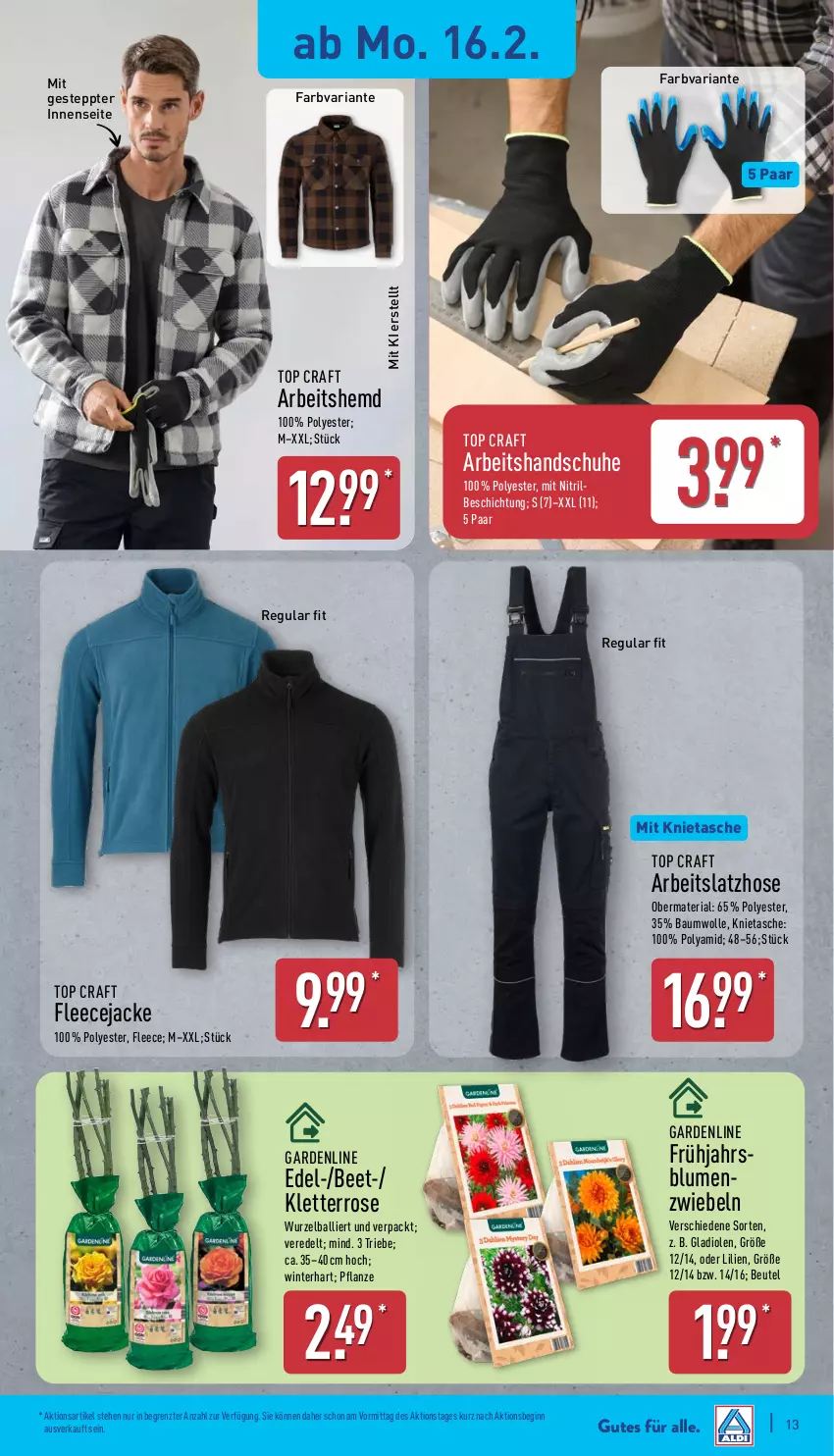 Aktueller Prospekt Aldi Nord - Von Montag - von 16.02 bis 21.02.2026 - strona 18 - produkty: ball, Bau, baumwolle, beutel, blume, blumen, Blüte, Brei, Fleecejacke, gin, Gladiolen, handschuhe, hemd, hose, Jacke, Latzhose, pflanze, Ria, schuhe, Tasche, Ti, wolle, ZTE, zwiebel, zwiebeln