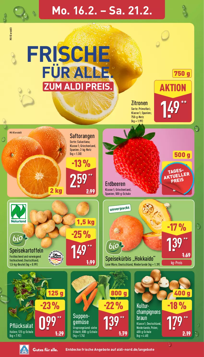 Aktueller Prospekt Aldi Nord - Von Montag - von 16.02 bis 21.02.2026 - strona 2 - produkty: aldi, angebot, angebote, beere, beeren, beutel, braun, champignon, champignons, champignons braun, decke, eis, erdbeere, erdbeeren, kartoffel, kartoffeln, Kürbis, Lusti, orange, orangen, reis, saft, Saftorangen, salat, Salus, Schal, Schale, suppe, suppen, Ti, zitrone, zitronen