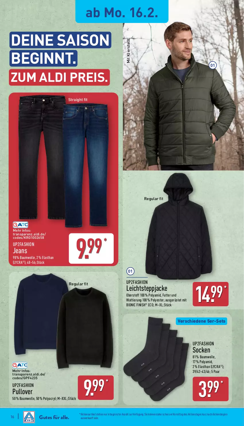 Aktueller Prospekt Aldi Nord - Von Montag - von 16.02 bis 21.02.2026 - strona 21 - produkty: aldi, Bau, baumwolle, bio, eis, Finish, gin, Jacke, jeans, Pullover, reis, socken, Steppjacke, Ti, up2fashion, wolle, ZTE