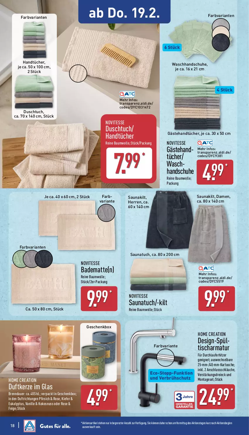 Aktueller Prospekt Aldi Nord - Von Montag - von 16.02 bis 21.02.2026 - strona 23 - produkty: aldi, armatur, auer, Bad, badematte, Bau, baumwolle, Duftkerze, duschtuch, Geschenkbox, gin, handschuhe, handtücher, kerze, kokos, kokosnuss, nuss, pfirsich, reine baumwolle, Ria, Saunakilt, Saunatuch, schläuche, schuhe, Ti, tisch, tuc, tücher, vanille, waschhandschuh, wolle, ZTE