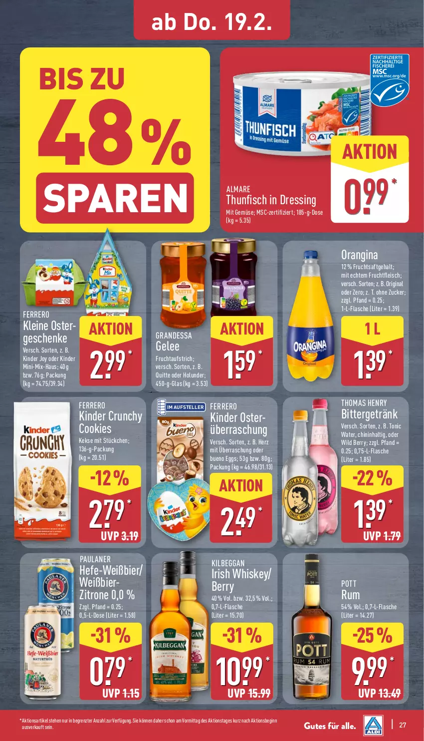 Aktueller Prospekt Aldi Nord - Von Montag - von 16.02 bis 21.02.2026 - strona 32 - produkty: almare, aufstrich, bier, cookie, cookies, dressing, eis, elle, ferrero, fisch, flasche, fleisch, frucht, fruchtaufstrich, fruchtfleisch, fruchtsaft, gelee, getränk, gin, grandessa, Hefe, holunder, irish whiskey, keks, kekse, kilbeggan, Kinder, leine, mit gemüse, orangina, Paula, paulaner, rum, saft, teller, thomas henry, thunfisch, Ti, tonic, tonic water, whiskey, Wild, wild berry, zitrone, ZTE, zucker