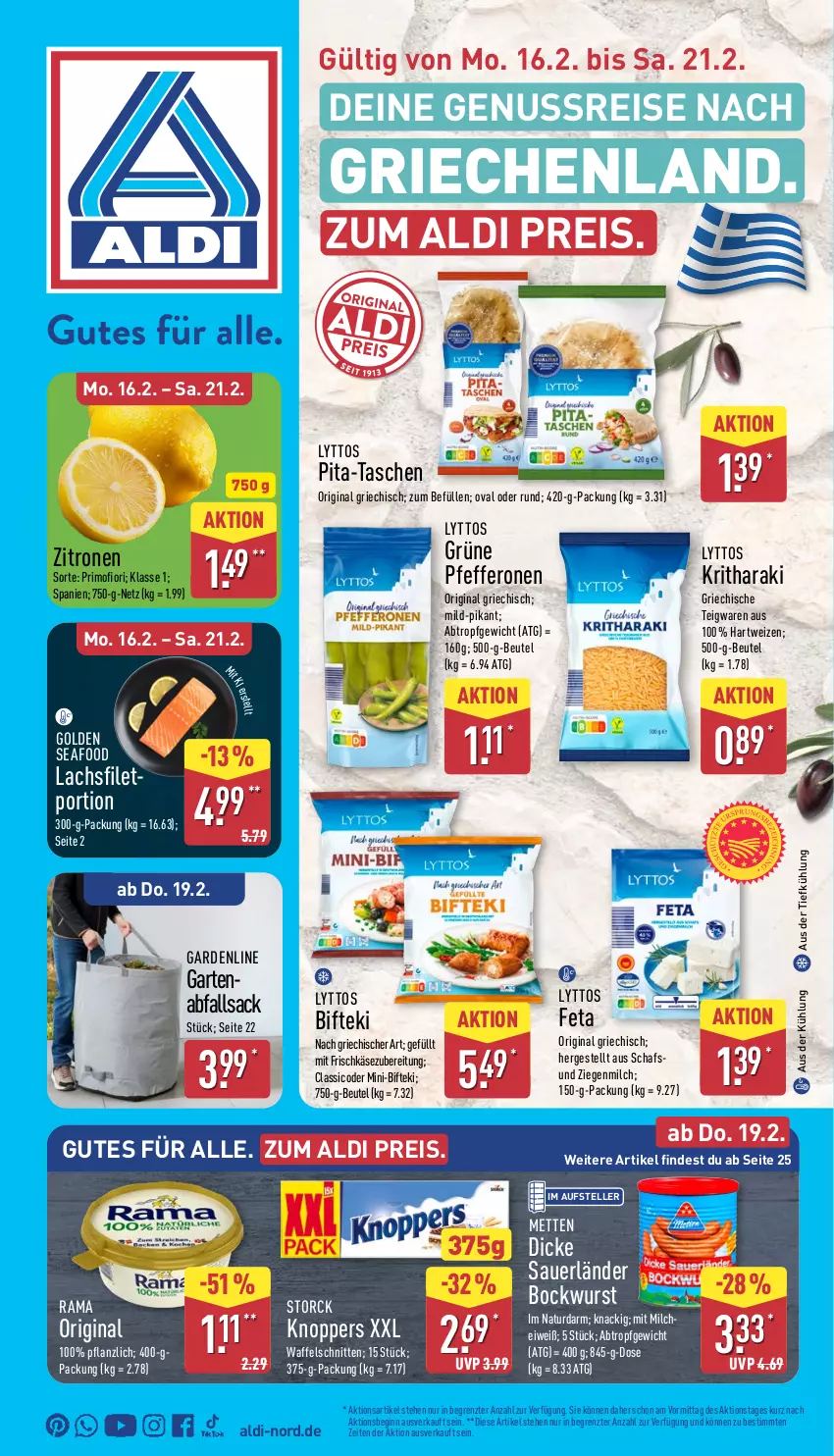 Aktueller Prospekt Aldi Nord - Von Montag - von 16.02 bis 21.02.2026 - strona 5 - produkty: aldi, auer, aus der tiefkühlung, beutel, Bifteki, bockwurst, eis, elle, feta, filet, frischkäse, frischkäsezubereitung, Garten, gin, hartweizen, Käse, knoppers, lachs, lachsfilet, Mett, metten, milch, natur, nuss, pfeffer, pfefferonen, rama, reis, sac, schnitten, storck, Tasche, taschen, teigwaren, teller, Ti, Waffelschnitte, wurst, zitrone, zitronen, ZTE
