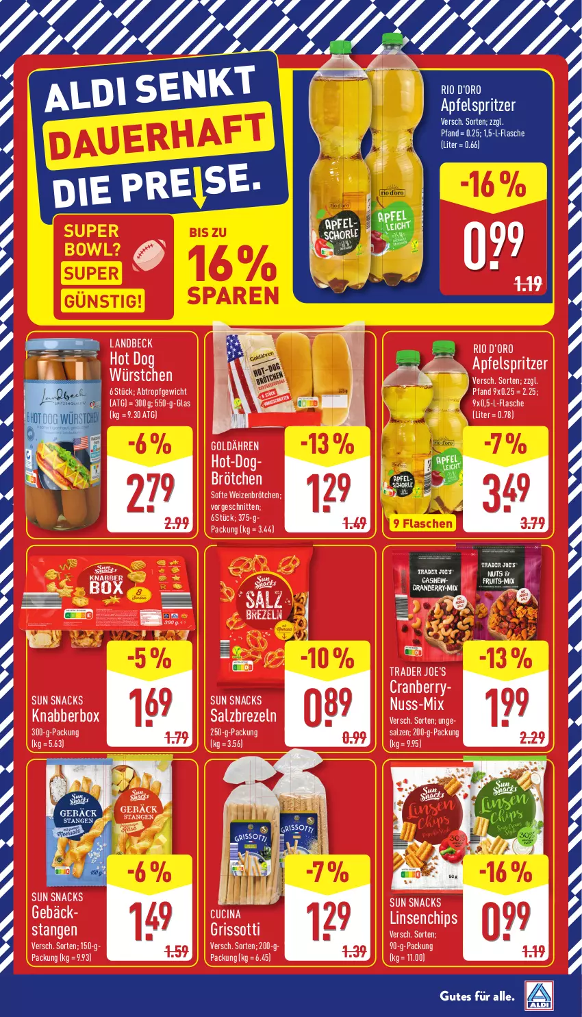 Aktueller Prospekt Aldi Nord - Von Montag - von 16.02 bis 21.02.2026 - strona 7 - produkty: apfel, Apfelspritzer, brezel, Brezeln, brötchen, chips, cin, cranberry, d'oro, flasche, hot dog, linsen, nuss, salz, schnitten, snack, snacks, Sun Snacks, Ti, weizenbrötchen, würstchen