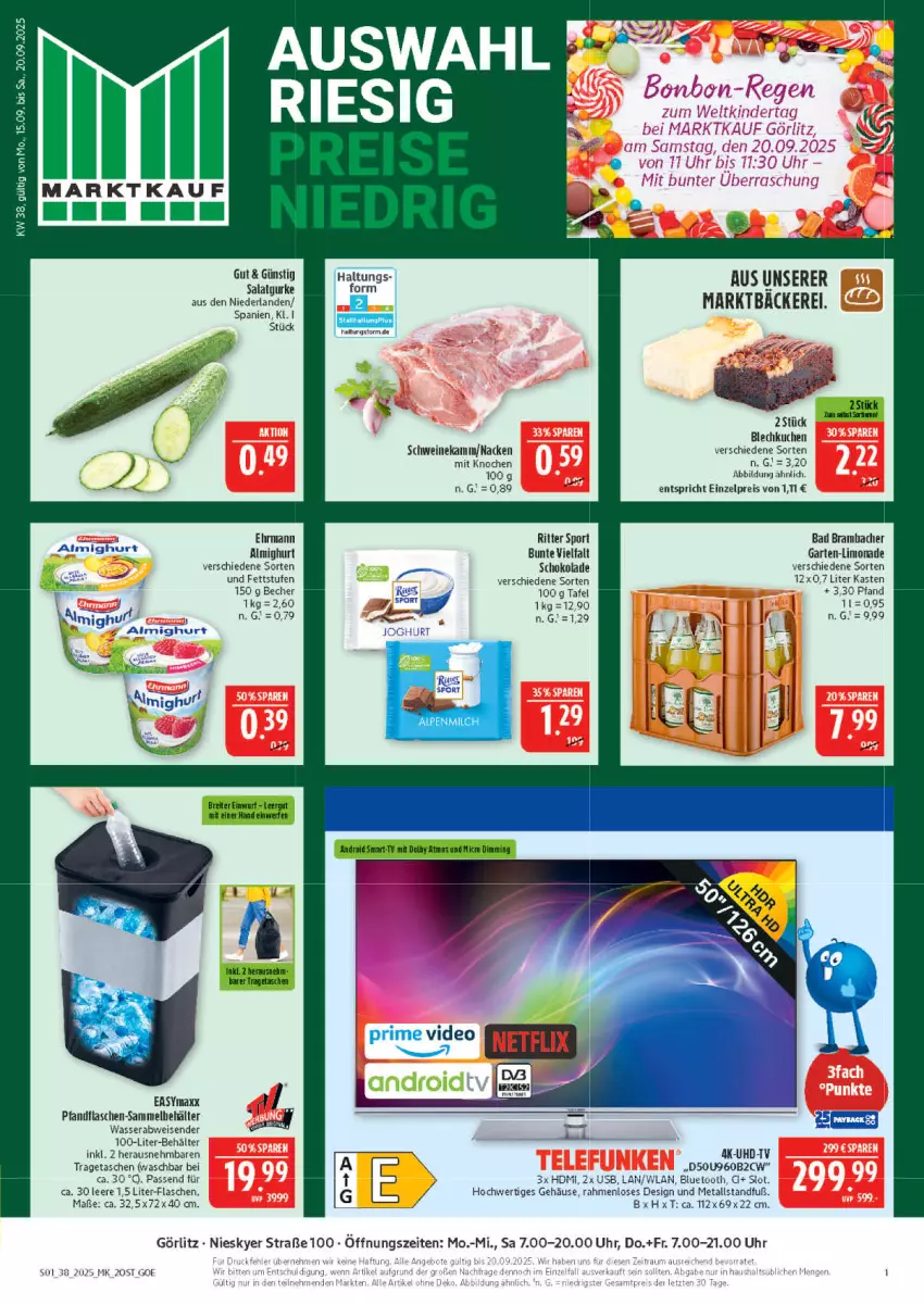 Aktueller Prospekt Marktkauf - Prospekt - von 14.09 bis 20.09.2025 - strona 1 - produkty: almighur, almighurt, Becher, Behälter, easymaxx, ehrmann, ehrmann almighurt, eis, flasche, Garten, gurke, HDMI, kuchen, limo, limonade, reis, ritter, ritter sport, salat, Salatgurke, schoko, schokolade, schwein, schweine, Sport, Tasche, taschen, Ti, tragetasche, uhd, UHD-TV, uhr, usb, wasser, wein, weine
