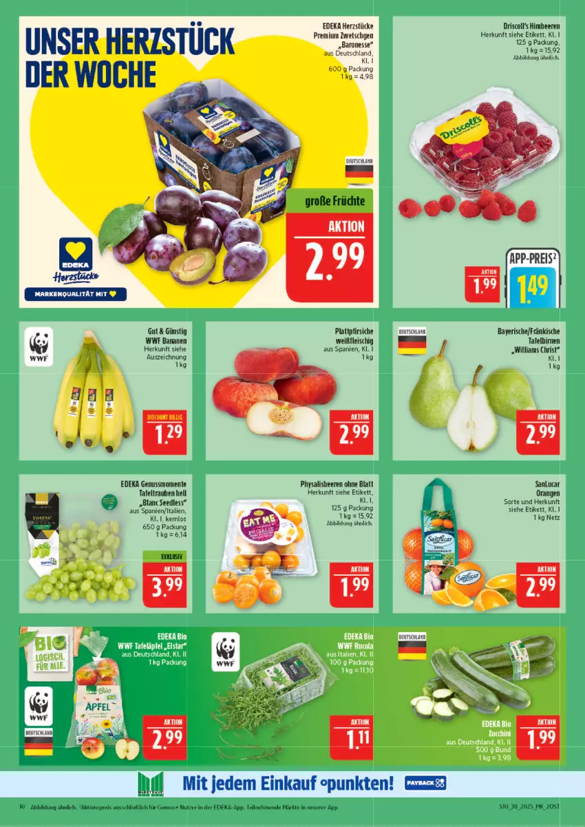 Aktueller Prospekt Marktkauf - Prospekt - von 14.09 bis 20.09.2025 - strona 10 - produkty: aktionspreis, banane, bananen, Bau, beere, beeren, Birnen, deka, discount, eis, ente, fleisch, früchte, himbeer, himbeere, himbeeren, nuss, orange, orangen, pfirsich, pfirsiche, Physalis, plattpfirsiche, reis, tafelbirnen, tafeltrauben, Ti, trauben