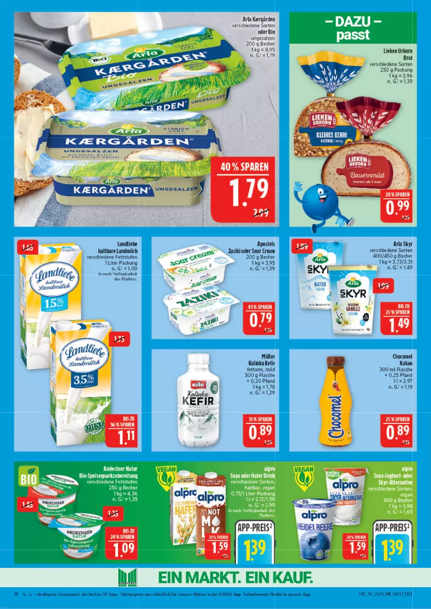 Aktueller Prospekt Marktkauf - Prospekt - von 14.09 bis 20.09.2025 - strona 18 - produkty: aktionspreis, apostels, arla, Becher, bio, brot, deka, eis, flasche, kakao, Kefir, korn, landliebe, landmilch, lieken, milch, Müller, natur, reis, salz, Skyr, sour cream, Ti, urkorn, vanille, zaziki, ZTE