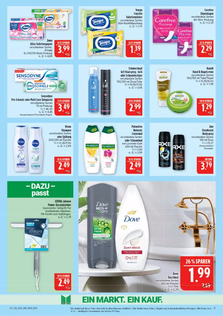 Aktueller Prospekt Marktkauf - Prospekt - von 14.09 bis 20.09.2025 - strona 27 - produkty: Bad, body, bodyspray, creme, dove, duschbad, eis, flasche, haarspray, Kamill, lack, lavendel, nivea, oder schaumfestiger, olive, palmolive, papier, pasta, reifen, reis, schaumbad, schaumfestiger, schwarzkop, schwarzkopf, sensodyne, shampoo, slip, slipeinlagen, spülung, Taft, Tempo, Ti, toilettenpapier, toilettentücher, tücher, zahnpasta, ZTE