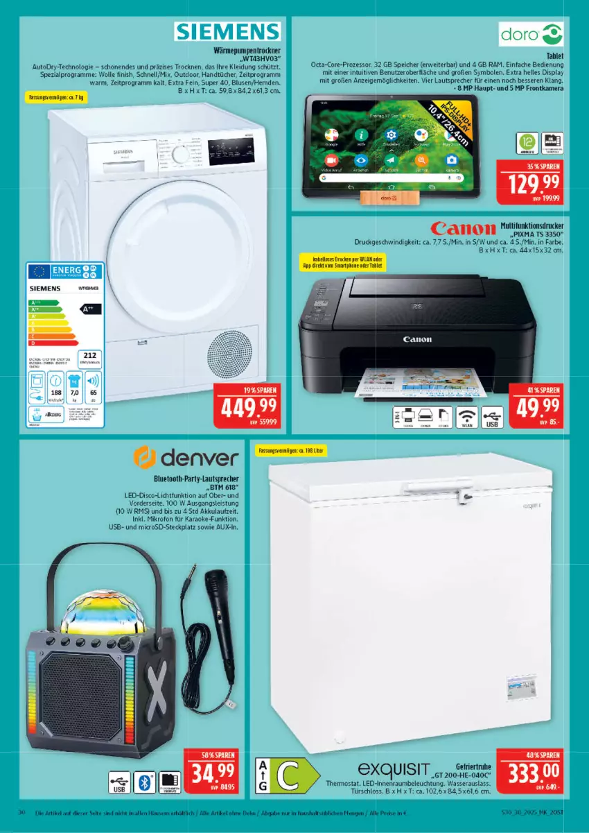Aktueller Prospekt Marktkauf - Prospekt - von 14.09 bis 20.09.2025 - strona 30 - produkty: akku, alpro, auto, beleuchtung, bluse, canon, drucker, eis, elle, Finish, frontkamera, handtücher, hemd, hemden, kamera, kleid, Kleidung, lautsprecher, microsd, multifunktionsdrucker, reis, rwe, siemens, Spezi, thermostat, Ti, Trockner, tücher, usb, wärmepumpentrockner, wasser, wolle