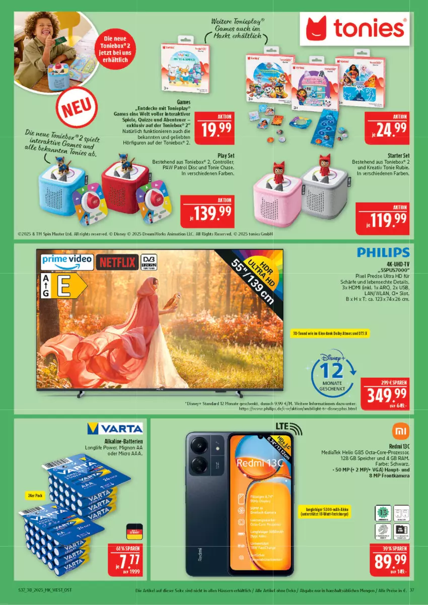 Aktueller Prospekt Marktkauf - Prospekt - von 14.09 bis 20.09.2025 - strona 37 - produkty: akku, batterie, batterien, decke, disney, eis, ente, frontkamera, HDMI, Heu, kamera, longlife, Paw Patrol, Philips, reis, Roller, Spiele, Ti, tonic, Toniebox, uhd, UHD-TV, usb, varta