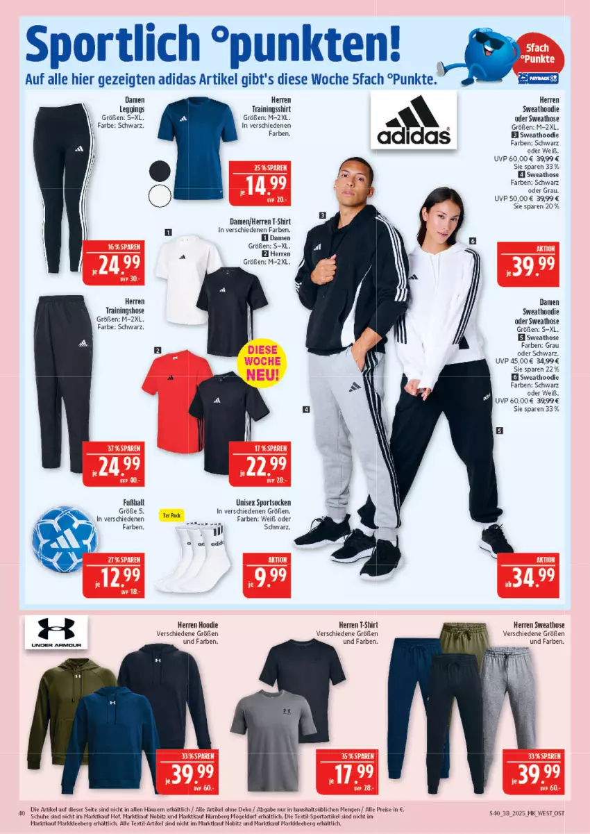 Aktueller Prospekt Marktkauf - Prospekt - von 14.09 bis 20.09.2025 - strona 40 - produkty: Adidas, ball, eis, Fußball, gin, hose, leggings, reis, schuhe, shirt, socken, Sport, sportsocken, Sweathose, T-Shirt, Ti, Trainingshose