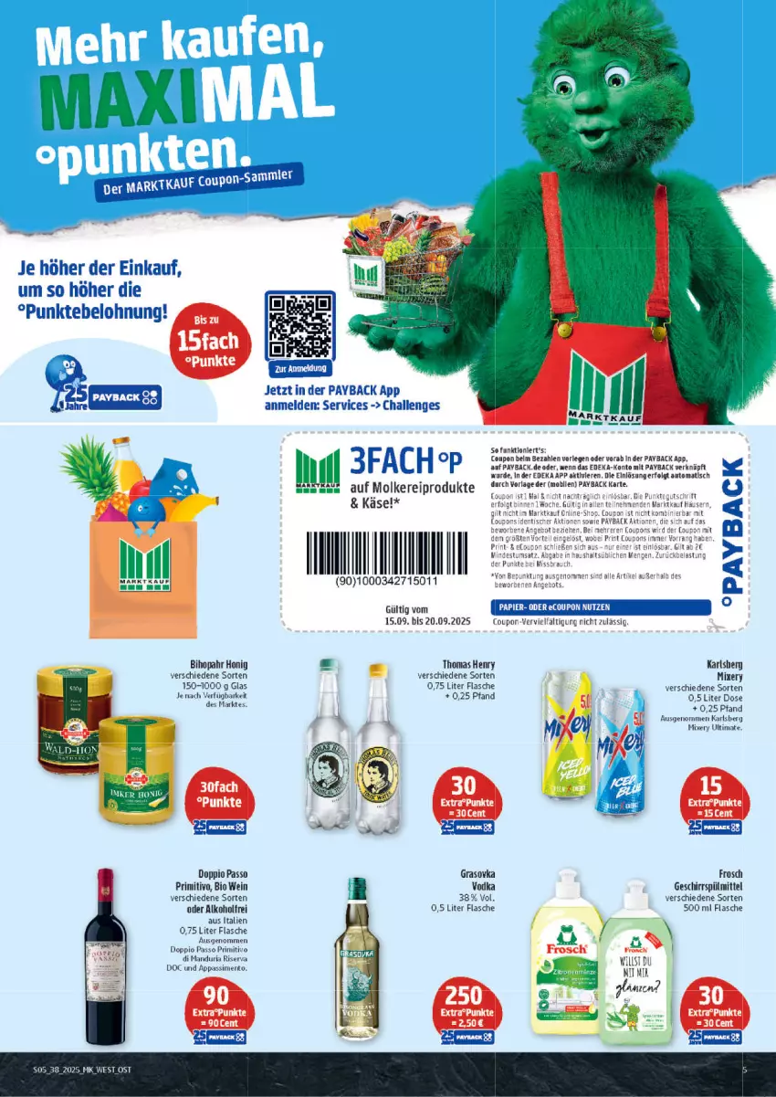 Aktueller Prospekt Marktkauf - Prospekt - von 14.09 bis 20.09.2025 - strona 5 - produkty: alkohol, angebot, auto, bio, coupon, coupons, deka, doppio passo, flasche, Frosch, geschirr, geschirrspülmittel, honig, karlsberg, karlsberg mixery, Käse, LG, Mixer, mixery, passo, payback, primitivo, Rauch, rel, Ria, riserva, sim, spülmittel, thomas henry, Ti, tisch, vodka, wein