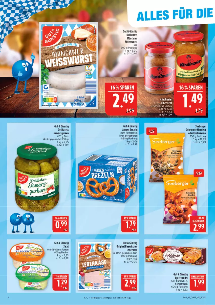 Aktueller Prospekt Marktkauf - Prospekt - von 14.09 bis 20.09.2025 - strona 6 - produkty: apfel, Apfelstrudel, Becher, brezel, Brezeln, eis, geback, gewürz, Gewürzgurke, gewürzgurken, gin, gurke, gurken, Käse, leberkäs, leberkäse, salat, senf, Strudel, Ti, Weißwurst, wurst