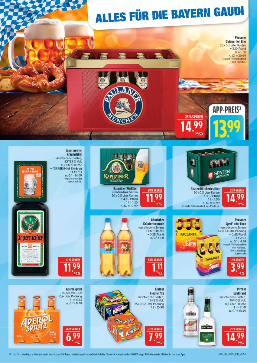 Aktueller Prospekt Marktkauf - Prospekt - von 14.09 bis 20.09.2025 - strona 8 - produkty: aperol, bier, eis, flasche, Germ, jägermeister, kräuter, kräuterlikör, leine, likör, limo, limonade, Meister, Paula, paulaner, pircher, Spaten, Spezi, Ti