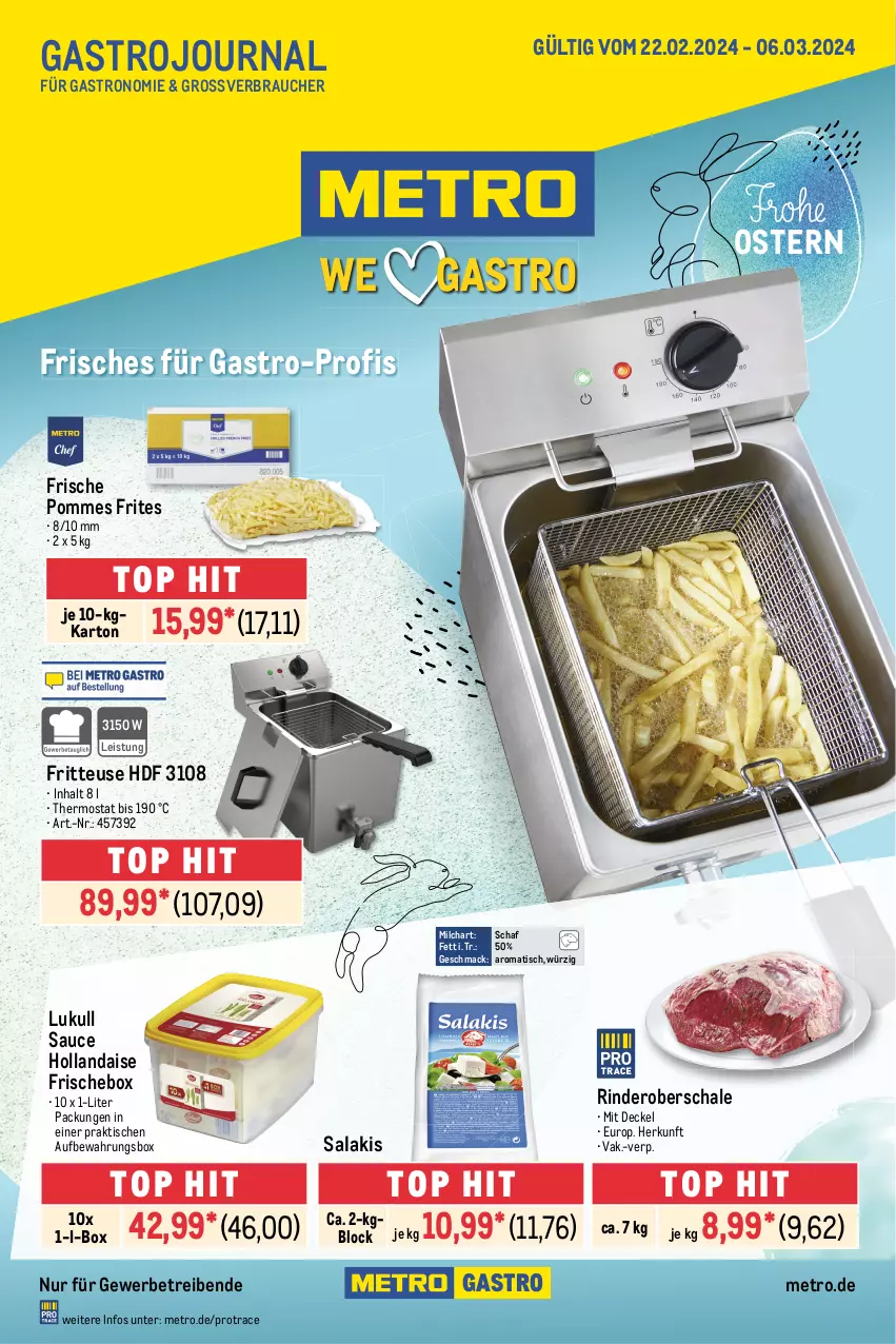 Aktueller Prospekt Metro - GastroJournal - von 22.02 bis 06.03.2024 - strona 1 - produkty: aufbewahrungsbox, decke, Deckel, eis, fritteuse, hollandaise, lukull, mac, Metro, milch, pommes, Pommes Frites, Rauch, rind, rinder, salakis, sauce, sauce hollandaise, Schal, Schale, thermostat, Ti, tisch