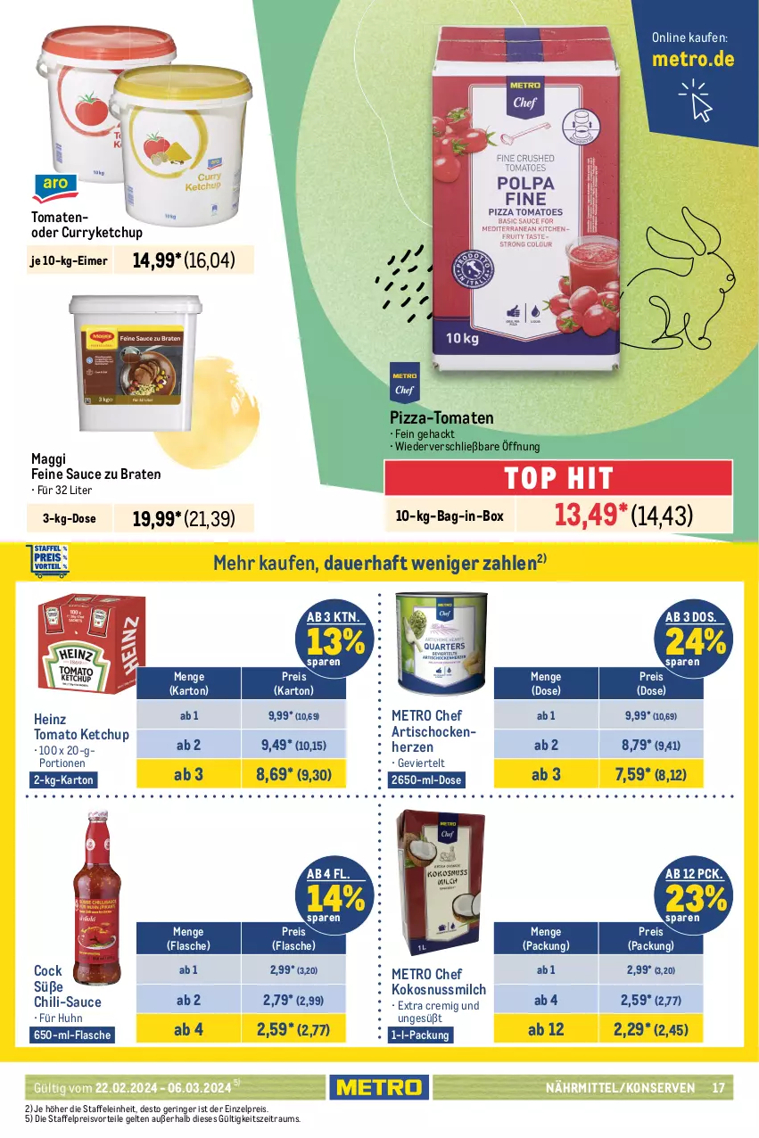 Aktueller Prospekt Metro - GastroJournal - von 22.02 bis 06.03.2024 - strona 15 - produkty: Artischocken, auer, auto, bag-in-box, braten, chili, curry, eimer, eis, flasche, heinz, ketchup, knorr, kokos, kokosnuss, Kokosnussmilch, Konserven, kraft, LG, maggi, mayonnaise, mehl, Metro, milch, mondamin, nuss, pizza, preisvorteil, reis, ring, salat, salatkrönung, sauce, saucen, Ti, tisch, tomate, tomaten, tomato ketchup, Yo