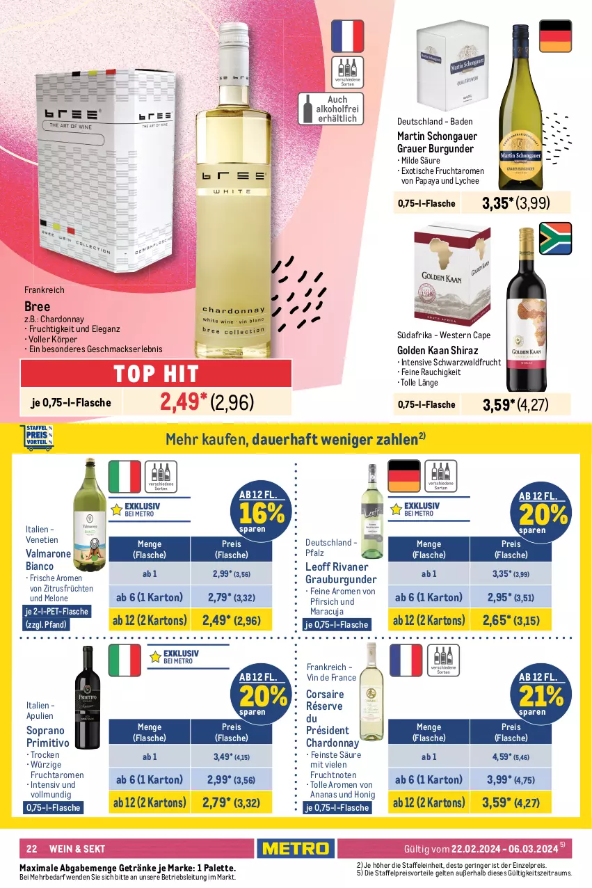 Aktueller Prospekt Metro - GastroJournal - von 22.02 bis 06.03.2024 - strona 20 - produkty: ananas, auer, Bad, Blüte, bree, burgunder, Cap, Cava, chardonnay, Corsaire, ecco, eis, flasche, freixenet, frizzante, frucht, früchte, früchten, fürst von metternich, getränk, getränke, grauburgunder, grauer burgunder, holunder, holunderblüte, honig, honigmelone, hugo, käfer, La Gioiosa, limette, limetten, mac, maracuja, melone, Metro, Mett, metten, metternich, Palette, Papaya, pet-flasche, pfirsich, preisvorteil, primitivo, prosecco, puma, Rauch, reis, ring, Rivaner, sac, sekt, Soda, spumante, Ti, tisch, trauben, vin de france, wein, Weste