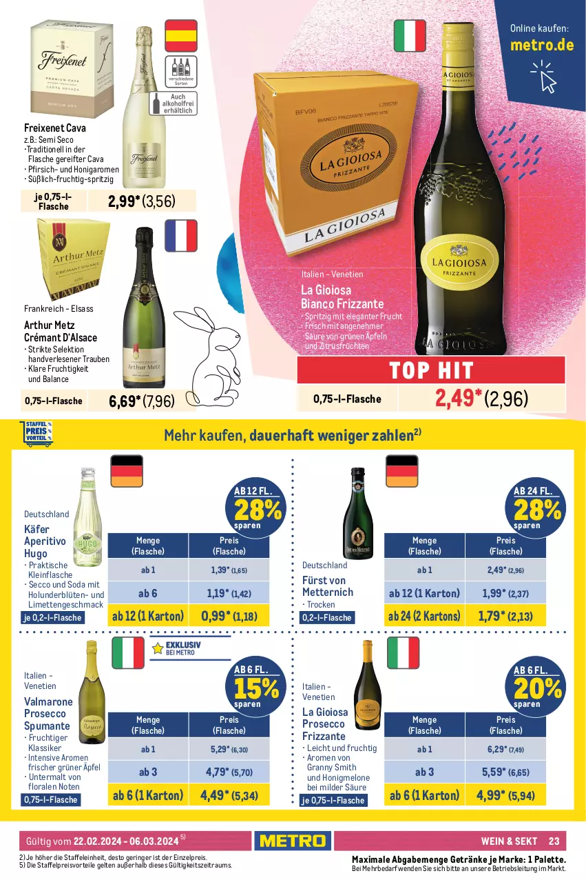 Aktueller Prospekt Metro - GastroJournal - von 22.02 bis 06.03.2024 - strona 21 - produkty: ananas, auer, Bad, Blüte, bree, burgunder, Cap, Cava, chardonnay, Corsaire, ecco, eis, flasche, freixenet, frizzante, frucht, früchte, früchten, fürst von metternich, getränk, getränke, grauburgunder, grauer burgunder, holunder, holunderblüte, honig, honigmelone, hugo, käfer, La Gioiosa, limette, limetten, mac, maracuja, melone, Metro, Mett, metten, metternich, Palette, Papaya, pet-flasche, pfirsich, preisvorteil, primitivo, prosecco, puma, Rauch, reis, ring, Rivaner, sac, sekt, Soda, spumante, Ti, tisch, trauben, vin de france, wein, Weste