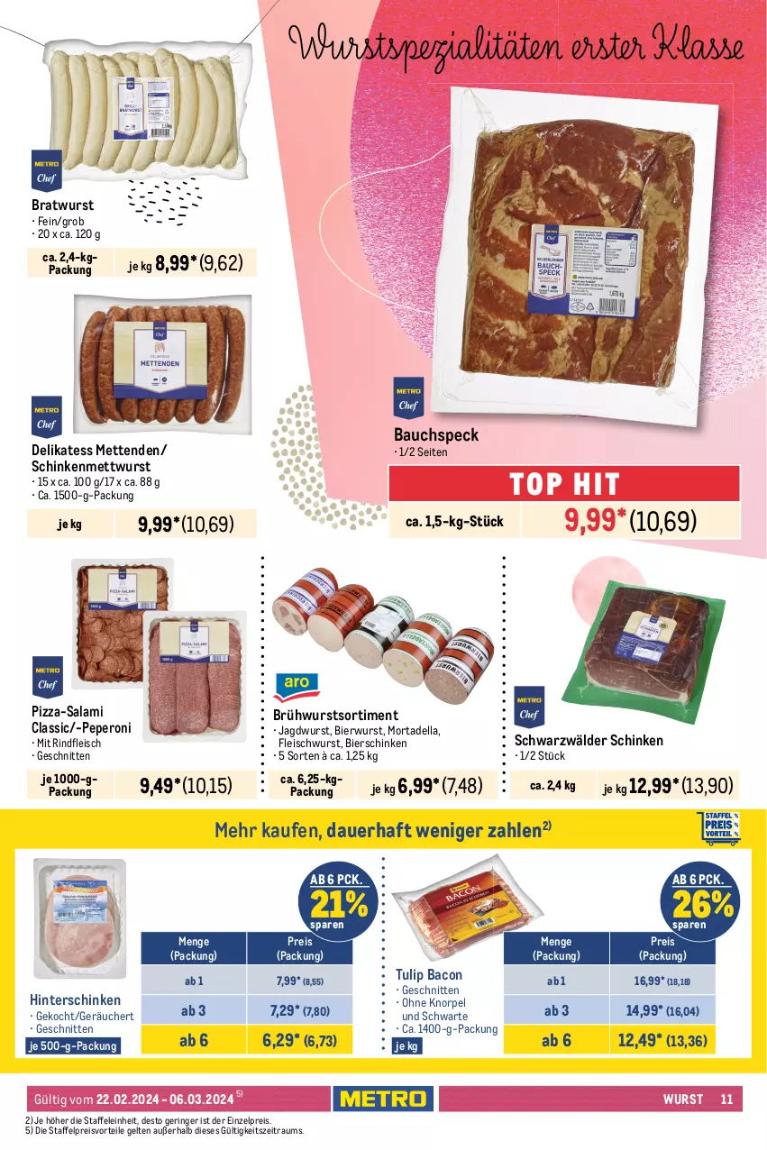 Aktueller Prospekt Metro - GastroJournal - von 22.02 bis 06.03.2024 - strona 9 - produkty: auer, bacon, Bau, beutel, bier, bierschinken, blattspinat, bohne, bohnen, bratwurst, broccoli, brötchen, Brühwurst, dell, eis, fleisch, fleischwurst, geback, hinterschinken, jagdwurst, karotten, kartoffel, kartoffelpuffer, mccain, Metro, Mett, metten, Mettenden, mettwurst, mit gemüse, mortadella, orange, orangen, peperoni, Peroni, pizza, preisvorteil, reis, rind, rindfleisch, ring, salami, salomon, schinken, schnitten, schwarzwälder schinken, sesam, Speck, spinat, Ti, tiefkühlkost, tulip, wurst