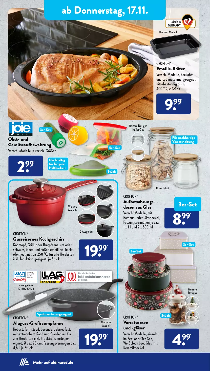 Aktueller Prospekt AldiSud - NÄCHSTE WOCHE - von 14.11 bis 19.11.2022 - strona 28 - produkty: aldi, Aufbewahrungsdose, backofen, bambus, bratpfanne, brie, Crofton, crofton®, decke, Deckel, dell, eis, elle, erde, geschirr, gin, Glasdeckel, Gläser, grill, herdarten, Kochtopf, LG, maille, Mode, obst, Ofen, pfanne, rel, spülmaschinen, Ti, topf, und gemüse