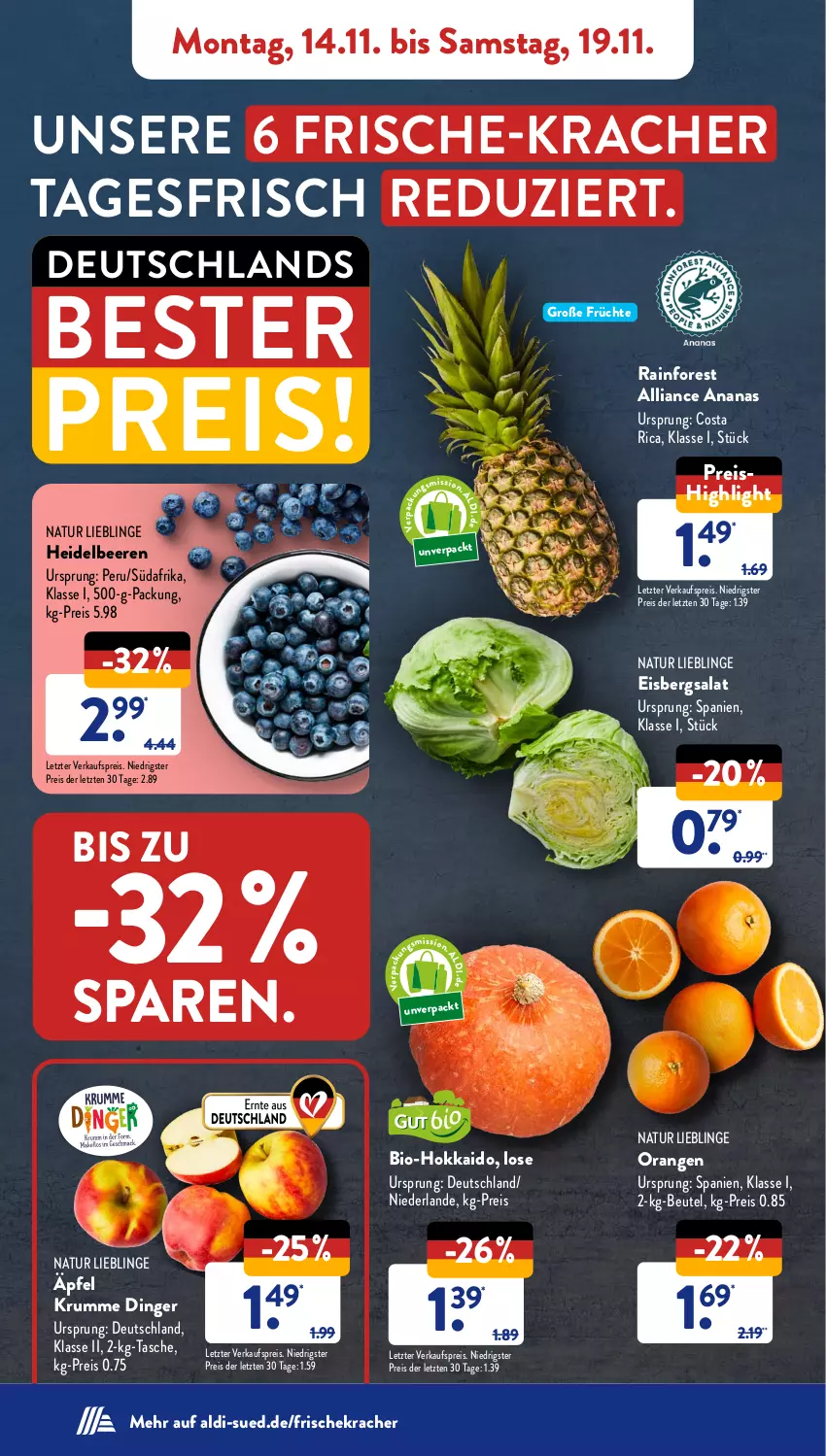 Aktueller Prospekt AldiSud - NÄCHSTE WOCHE - von 14.11 bis 19.11.2022 - strona 4 - produkty: aldi, ananas, beere, beeren, beutel, bio, eis, eisbergsalat, früchte, heidelbeere, heidelbeeren, kracher, natur, orange, orangen, reis, rum, salat, Tasche, ZTE