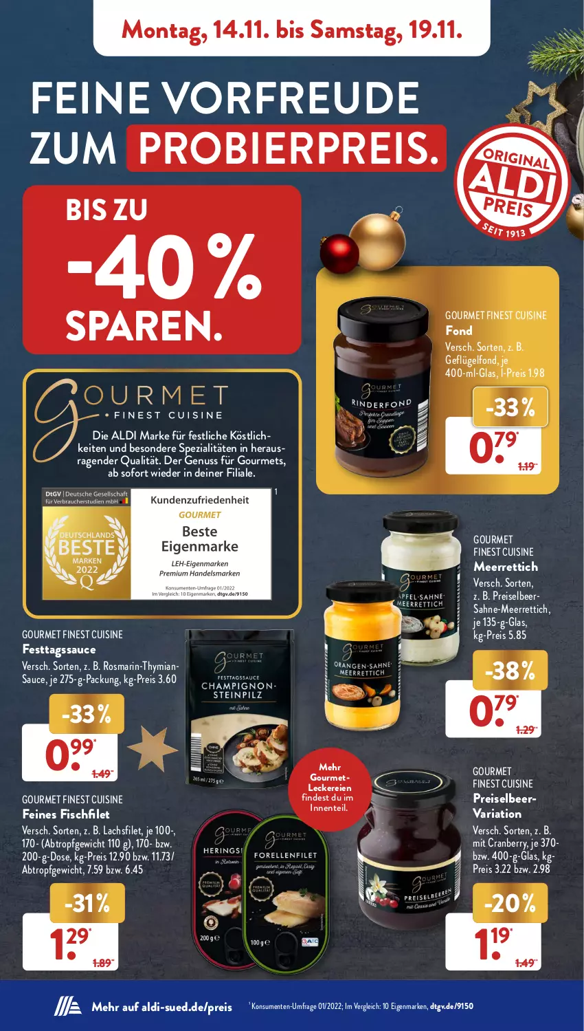 Aktueller Prospekt AldiSud - NÄCHSTE WOCHE - von 14.11 bis 19.11.2022 - strona 8 - produkty: aldi, bier, cranberry, eis, ente, filet, fisch, Geflügel, Geflügelfond, lachs, lachsfilet, meerrettich, nuss, reis, Rettich, Ria, rosmarin, sahne, sauce, Spezi, Ti