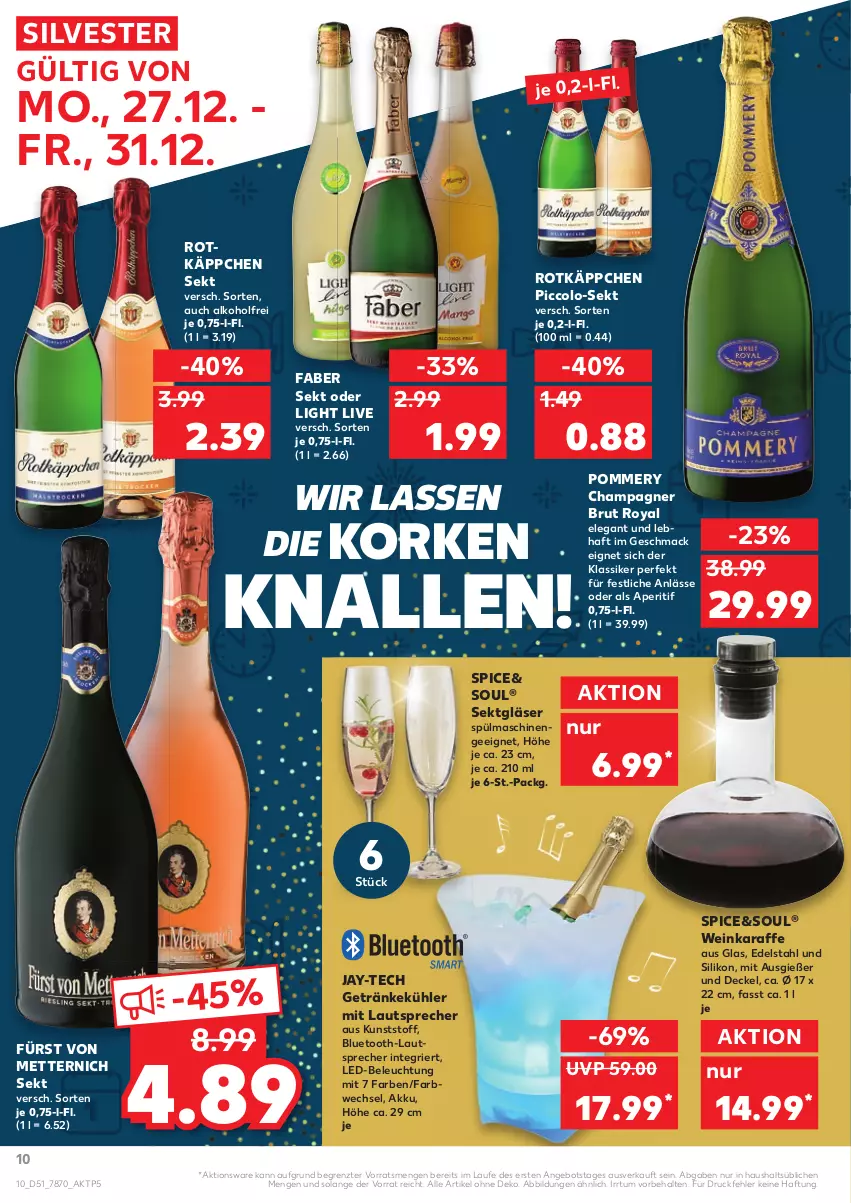 Aktueller Prospekt Kaufland - von 27.12 bis 31.12.2021 - strona 10 - produkty: akku, alkohol, angebot, aperitif, beleuchtung, bluetooth-lautsprecher, brut, champagne, champagner, decke, Deckel, edelstahl, fürst von metternich, getränk, getränke, Gläser, Karaffe, lautsprecher, led-beleuchtung, mac, Mett, metternich, rotkäppchen, sekt, spülmaschinen, Ti, wein, ZTE