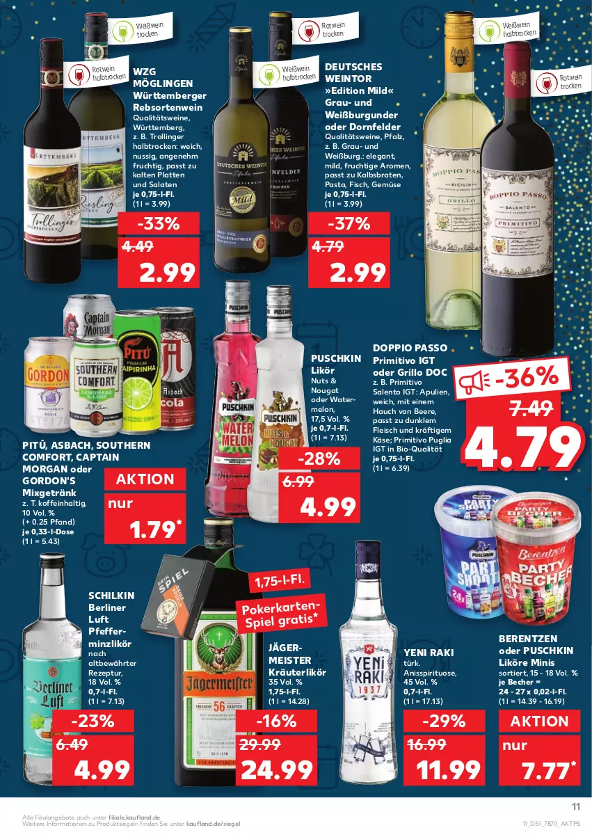 Aktueller Prospekt Kaufland - von 27.12 bis 31.12.2021 - strona 11 - produkty: angebot, angebote, Becher, beere, berentzen, Berger, berliner, berliner luft, bio, braten, burgunder, Cap, captain morgan, doppio passo, dornfelder, eis, fisch, fleisch, frucht, Germ, getränk, gordon, gordon's, grill, grillo, jägermeister, Kartenspiel, Käse, kräuter, kräuterlikör, latte, likör, Meister, Mixgetränk, nuss, passo, pasta, pfeffer, pfefferminzlikör, primitivo, qualitätswein, qualitätsweine, rezept, rotwein, salat, salate, Southern Comfort, Ti, trolli, trollinger, wein, weine, Weißburgunder, Weißwein, yeni raki