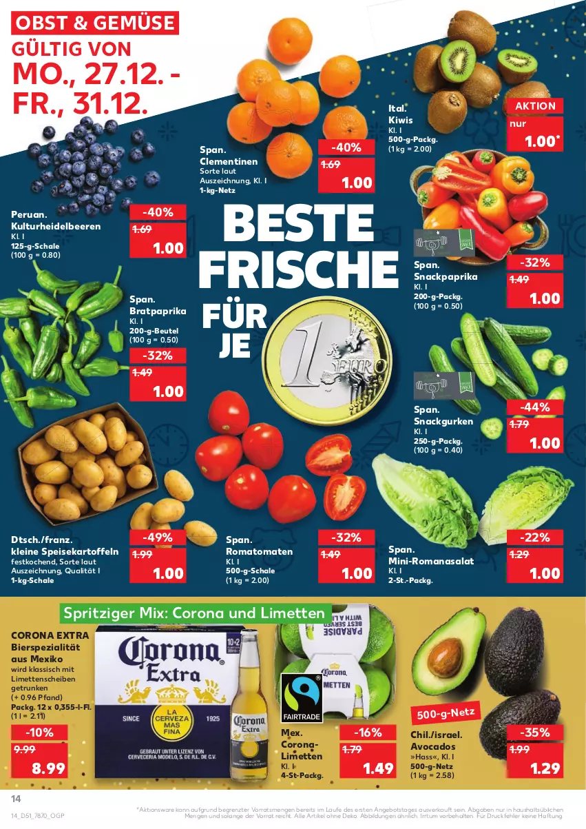 Aktueller Prospekt Kaufland - von 27.12 bis 31.12.2021 - strona 14 - produkty: angebot, avocado, avocados, beere, beeren, beutel, bier, clementinen, corona, corona extra, eis, gurke, gurken, heidelbeere, heidelbeeren, kartoffel, kartoffeln, kiwi, leine, limette, limetten, Mett, metten, obst, paprika, Romanasalat, Romatomaten, salat, Schal, Schale, snack, speisekartoffeln, Spezi, Ti, tomate, tomaten, ZTE