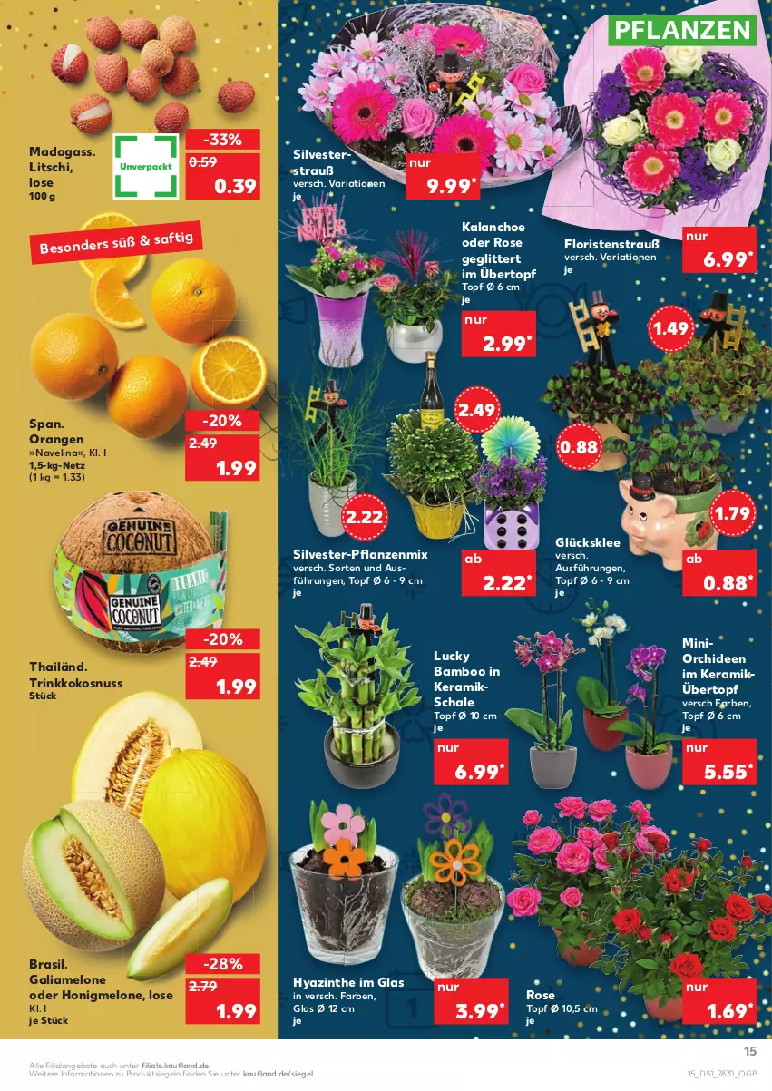 Aktueller Prospekt Kaufland - von 27.12 bis 31.12.2021 - strona 15 - produkty: angebot, angebote, bamboo, galiamelone, glücksklee, honig, honigmelone, Kalanchoe, kokos, kokosnuss, melone, navelina, nuss, orange, orangen, orchidee, orchideen, pflanze, pflanzen, Ria, saft, Schal, Schale, Ti, topf, übertopf