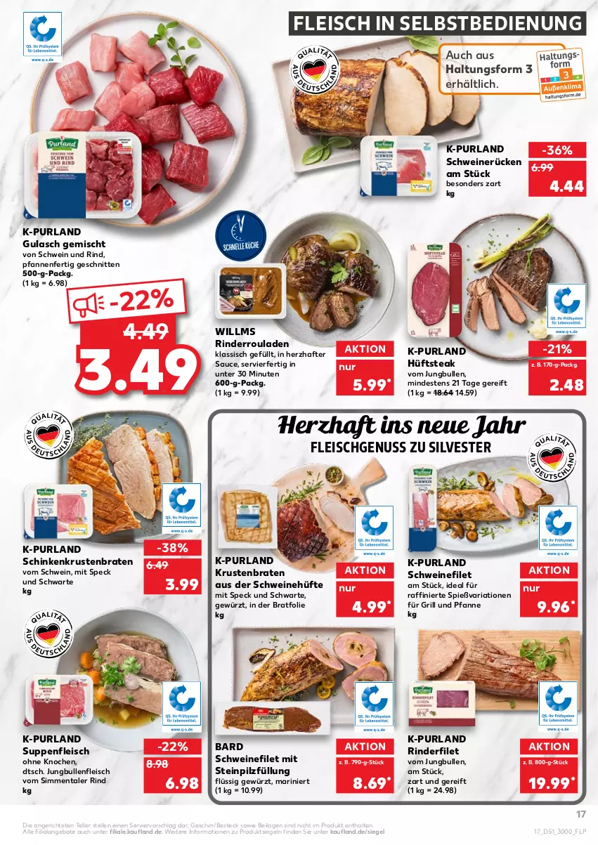 Aktueller Prospekt Kaufland - von 27.12 bis 31.12.2021 - strona 17 - produkty: angebot, angebote, besteck, braten, eis, elle, filet, fleisch, fleisch in selbstbedienung, für grill und pfanne, geschirr, gewürz, grill, grill und pfanne, gulasch, hüftsteak, ilag, jungbullen, krustenbraten, nuss, pfanne, pfannen, purland, Ria, rind, rinder, rinderfilet, Rinderroulade, rinderrouladen, rouladen, sauce, schinken, schnitten, schwein, schwein und rind, schweine, schweinefilet, schweinerücken, sim, Speck, steak, suppe, suppen, suppenfleisch, teller, Ti, und pfanne, wein, weine