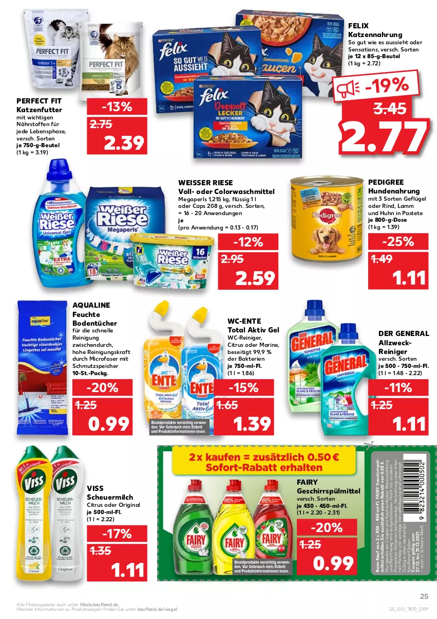 Aktueller Prospekt Kaufland - von 27.12 bis 31.12.2021 - strona 25 - produkty: aktiv gel, allzweckreiniger, angebot, angebote, aqua, beutel, Bodentücher, Brei, Cap, citrus, colorwaschmittel, coupon, eis, elle, ente, fairy, felix, Geflügel, geschirr, geschirrspülmittel, gin, Heu, hundenahrung, katzenfutter, katzennahrung, kraft, lamm, megaperls, milch, pastete, pedigree, Perfect Fit, reiniger, Reinigung, rind, scheuermilch, sensations, spülmittel, Ti, tücher, waschmittel, wc-reiniger, weck, Weisser Riese